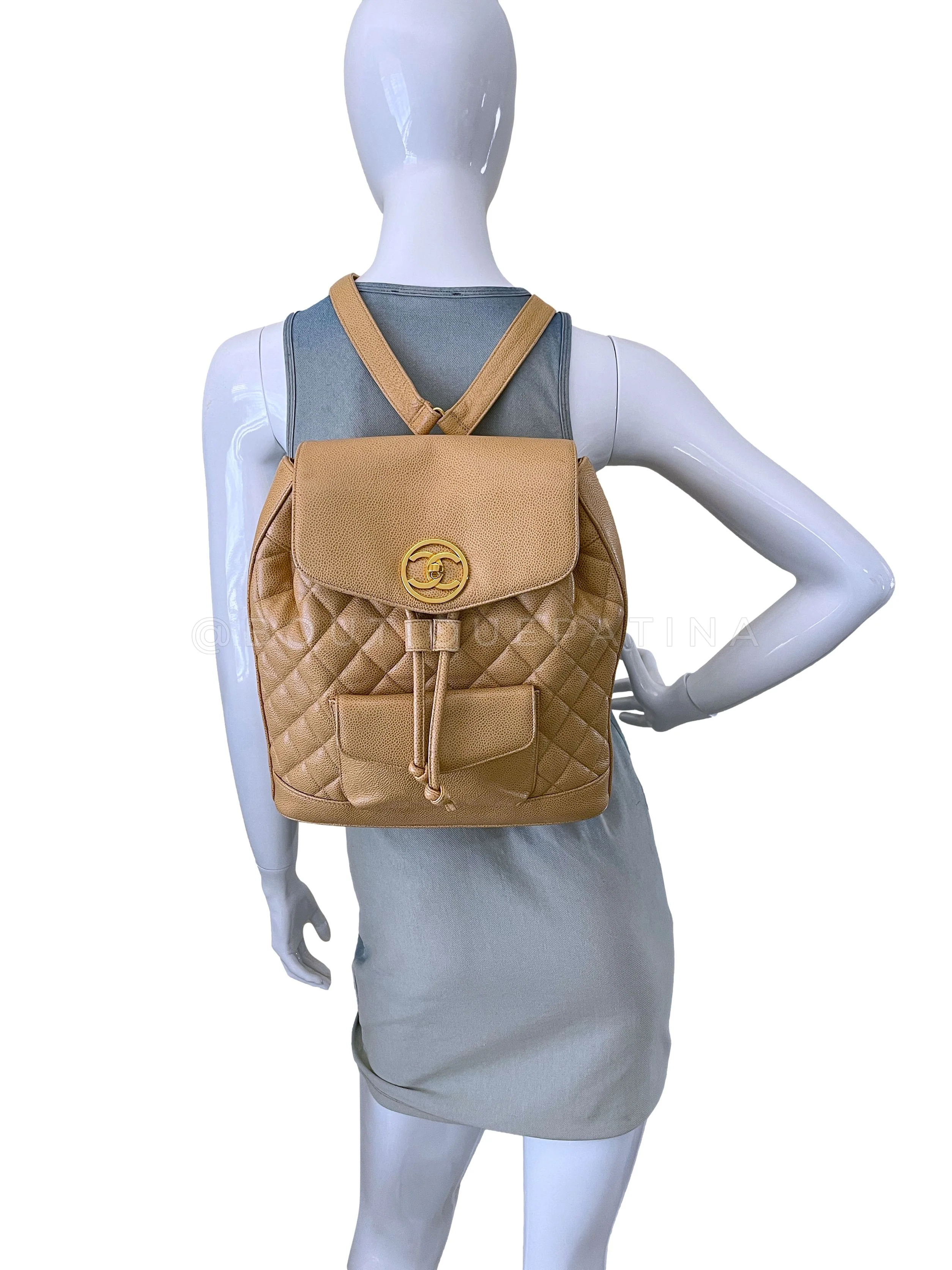 Chanel Vintage Beige Caviar Backpack Quilted Encircled CC Bag 24k GHW - Image 14