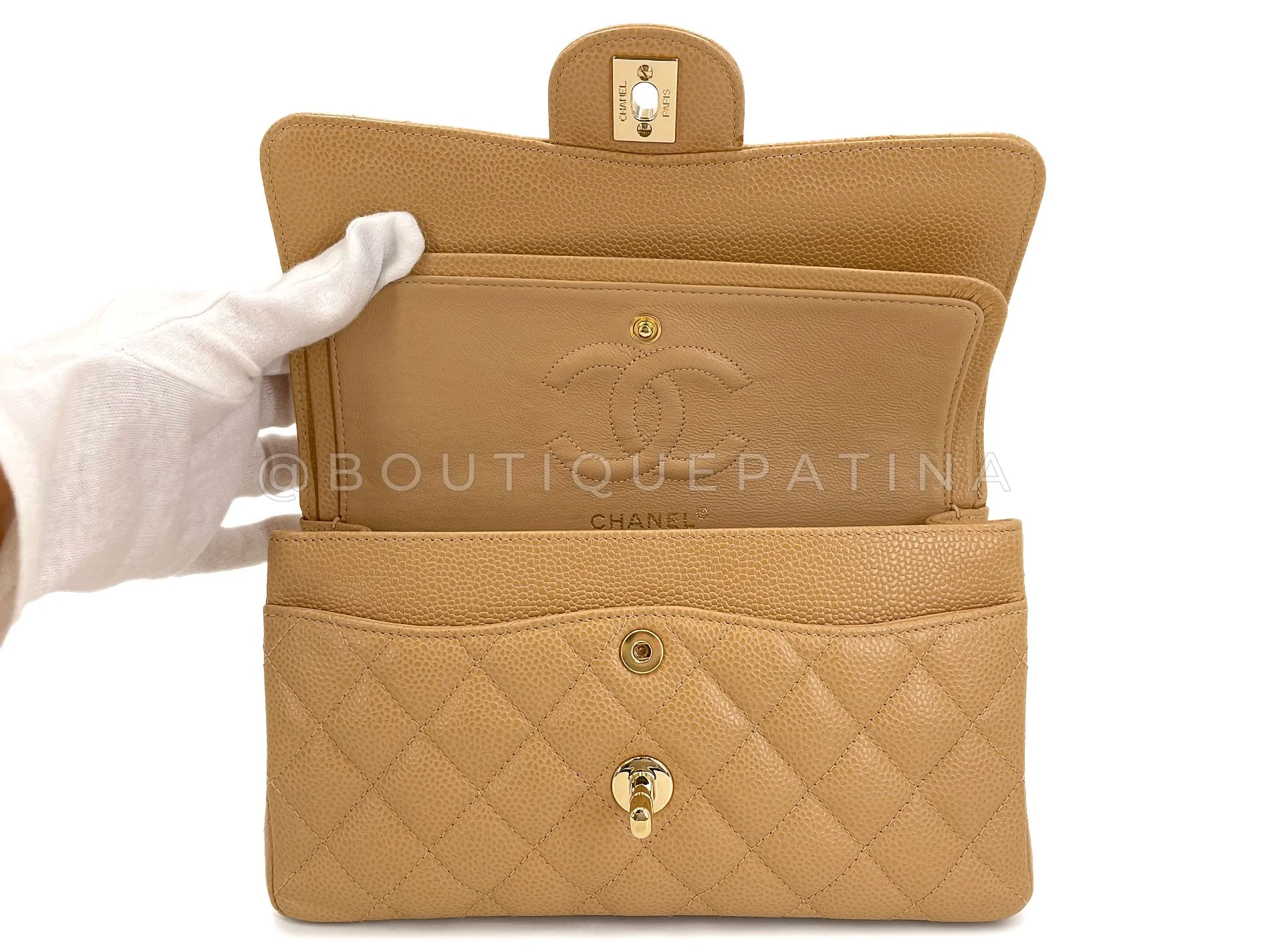 Chanel Vintage Beige Caviar Small Classic Flap, Double 24k GHW Bag 2004 GVI - Image 9