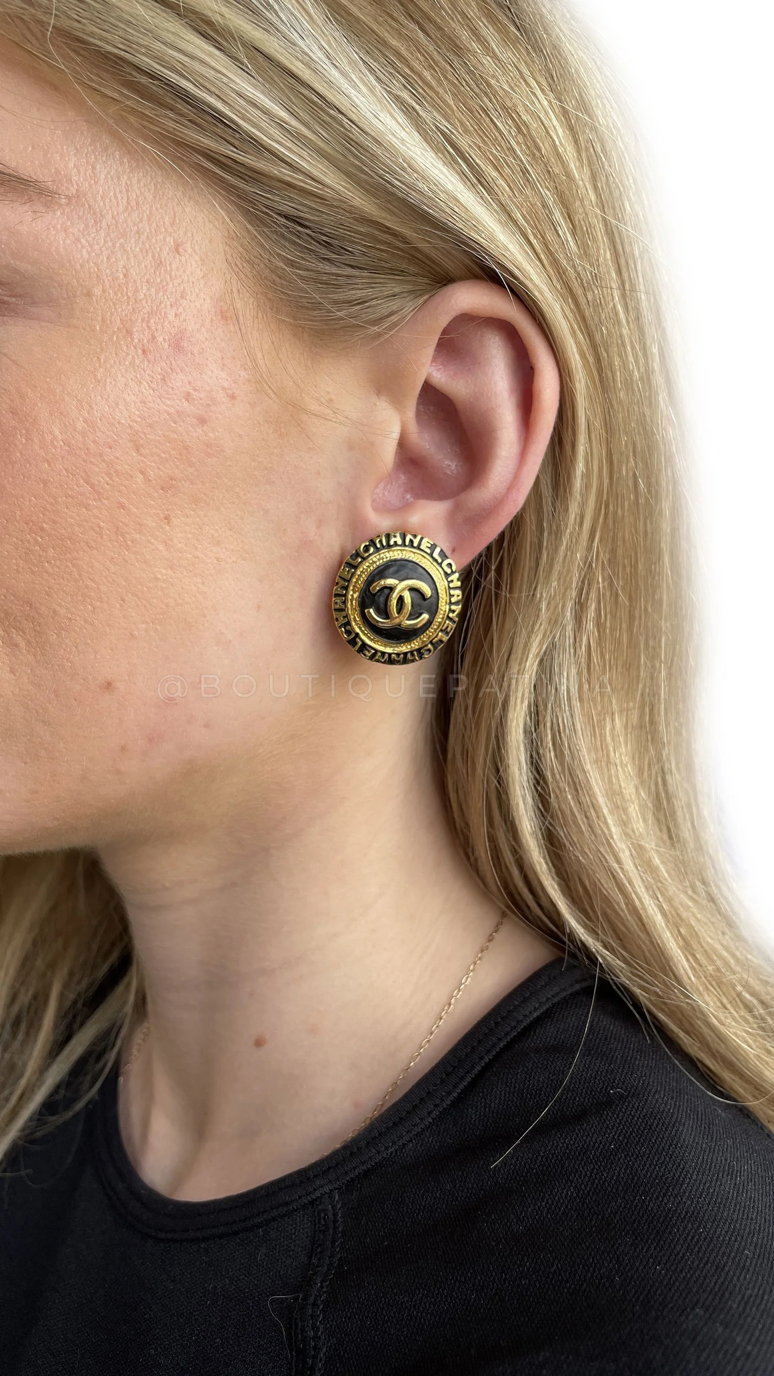 Chanel Vintage Black and Gold Logo Stud Earrings - Image 4