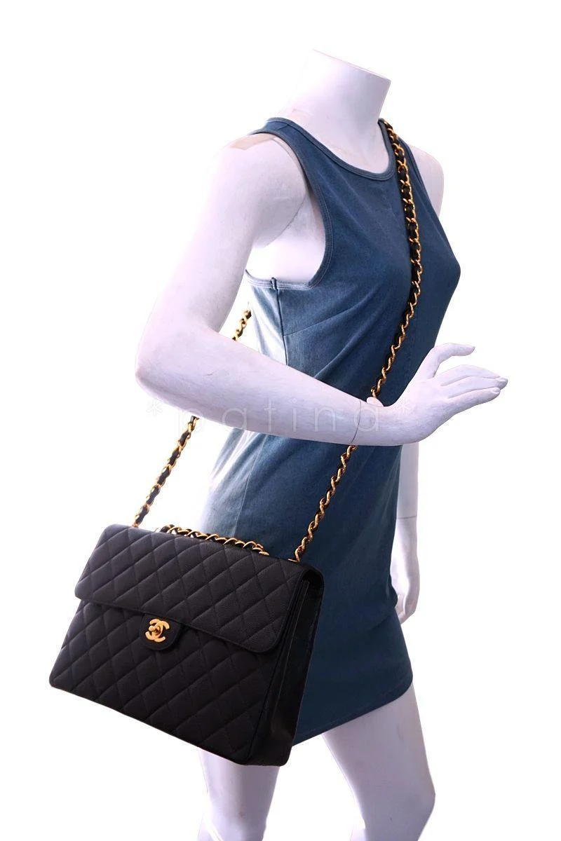 Chanel Vintage Black Caviar Jumbo Classic Flap Bag 24k GHW - Image 15