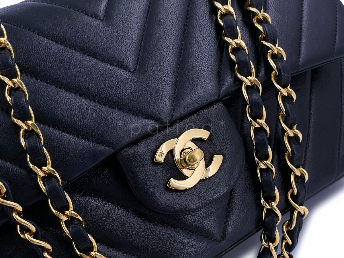 Chanel Vintage Black Chevron Medium Classic Double Flap Bag 24k GHW - Image 8