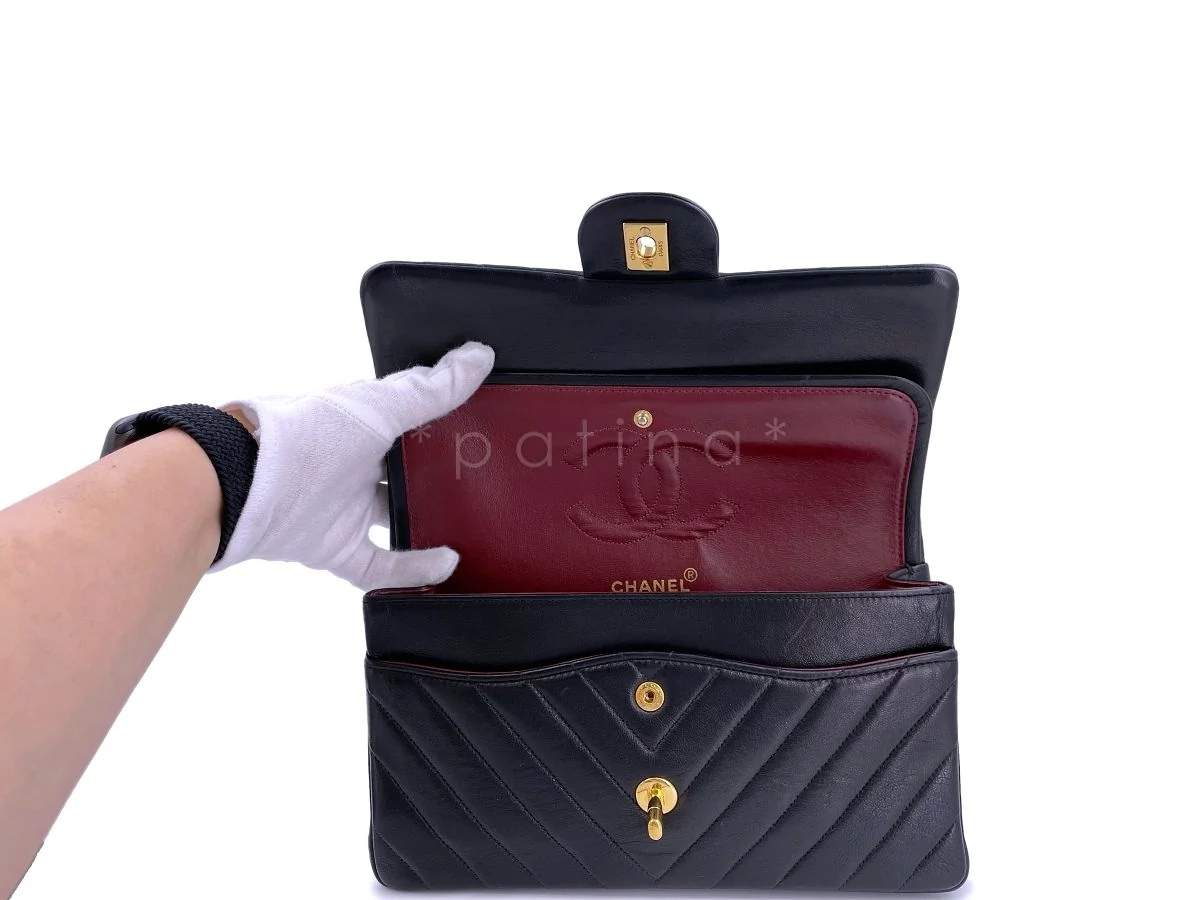 Chanel Vintage Black Chevron Medium Classic Double Flap Bag 24k GHW - Image 9