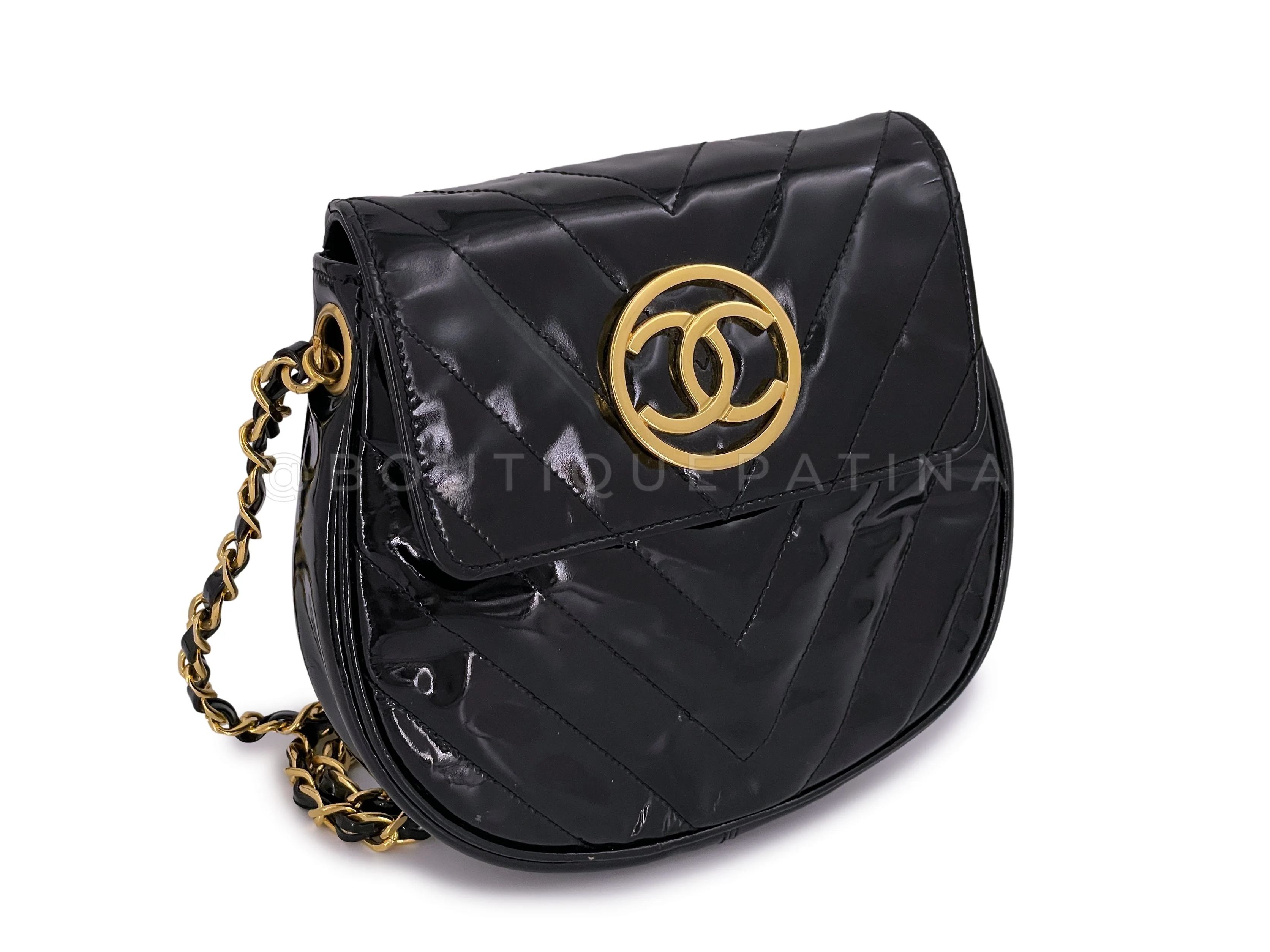 Chanel Vintage Black Chevron Mini Round Flap Pouch Crossbody Patent 24k GHW - Image 3