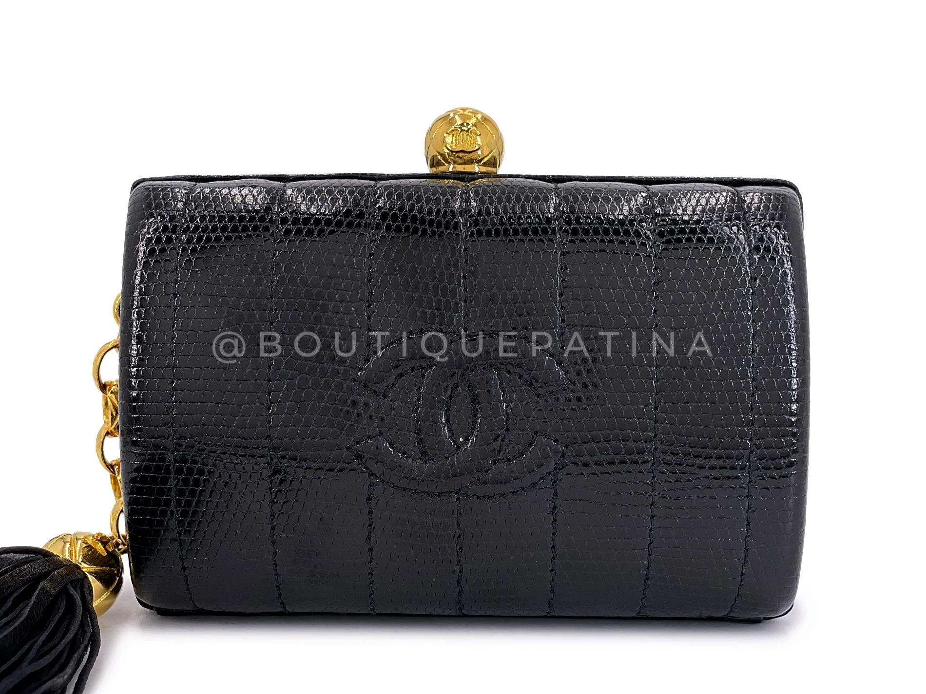 Chanel 1994 Vintage Black Lizard Rolo Chain Evening Clutch Bag 24k GHW W8Y - Image 2