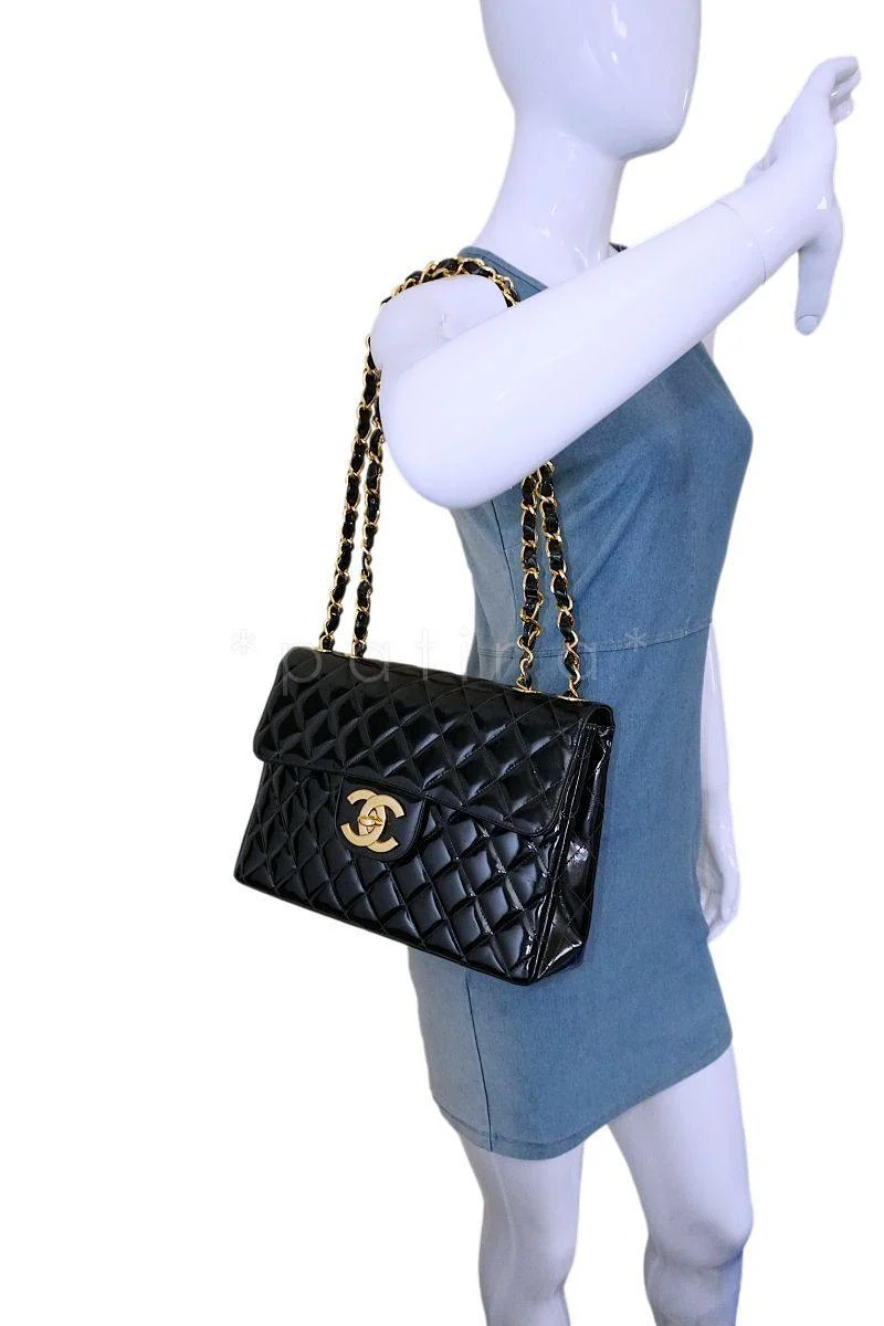 Chanel Vintage Black Patent Jumbo Classic Flap Bag 24k GHW - Image 15