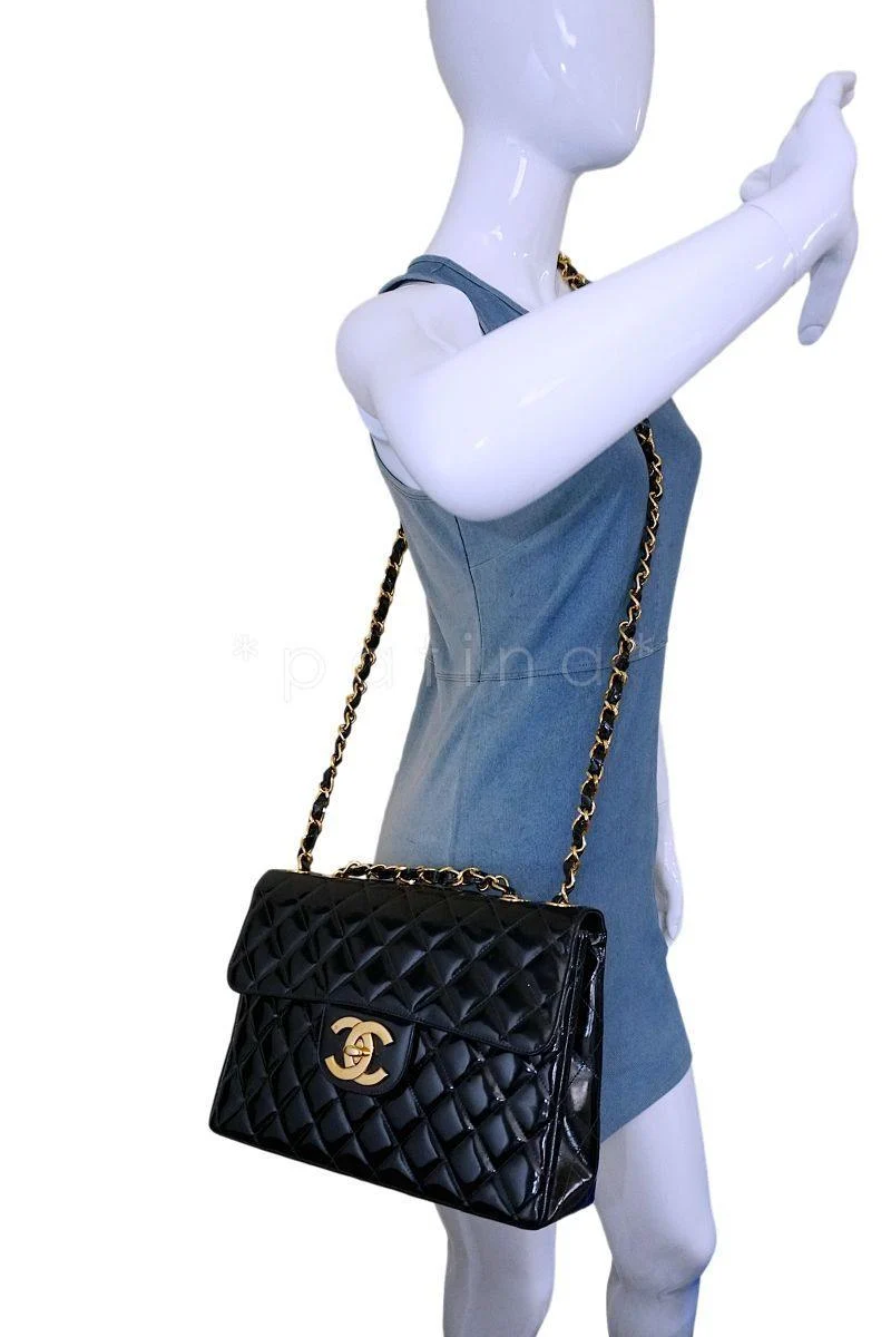 Chanel Vintage Black Patent Jumbo Classic Flap Bag 24k GHW - Image 16