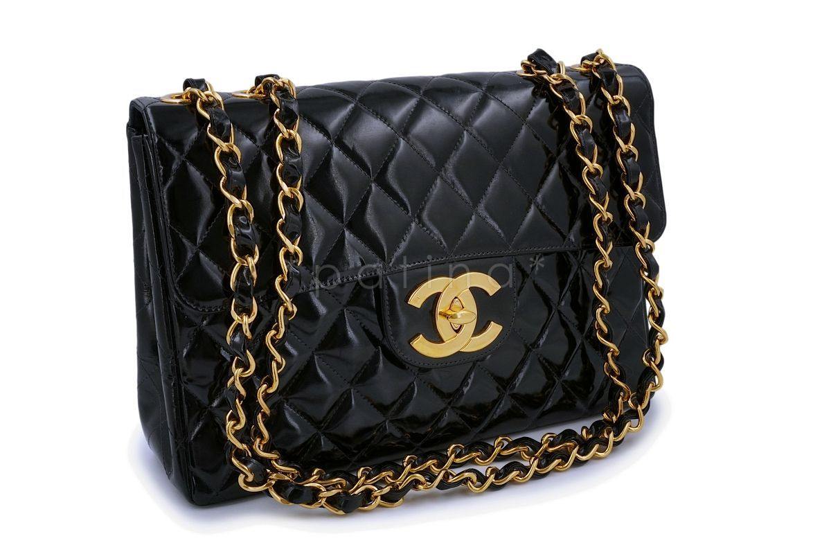 Chanel Vintage Black Patent Jumbo Classic Flap Bag 24k GHW - Image 2