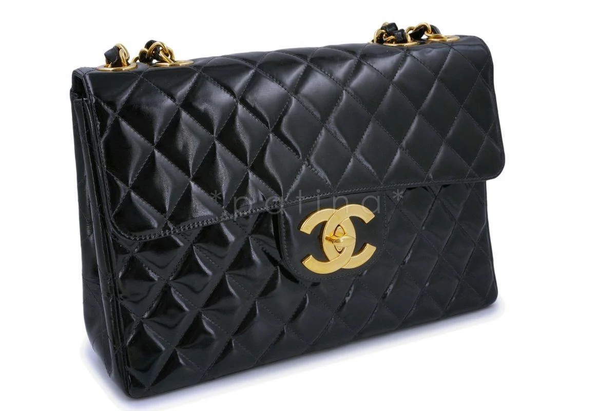 Chanel Vintage Black Patent Jumbo Classic Flap Bag 24k GHW - Image 3