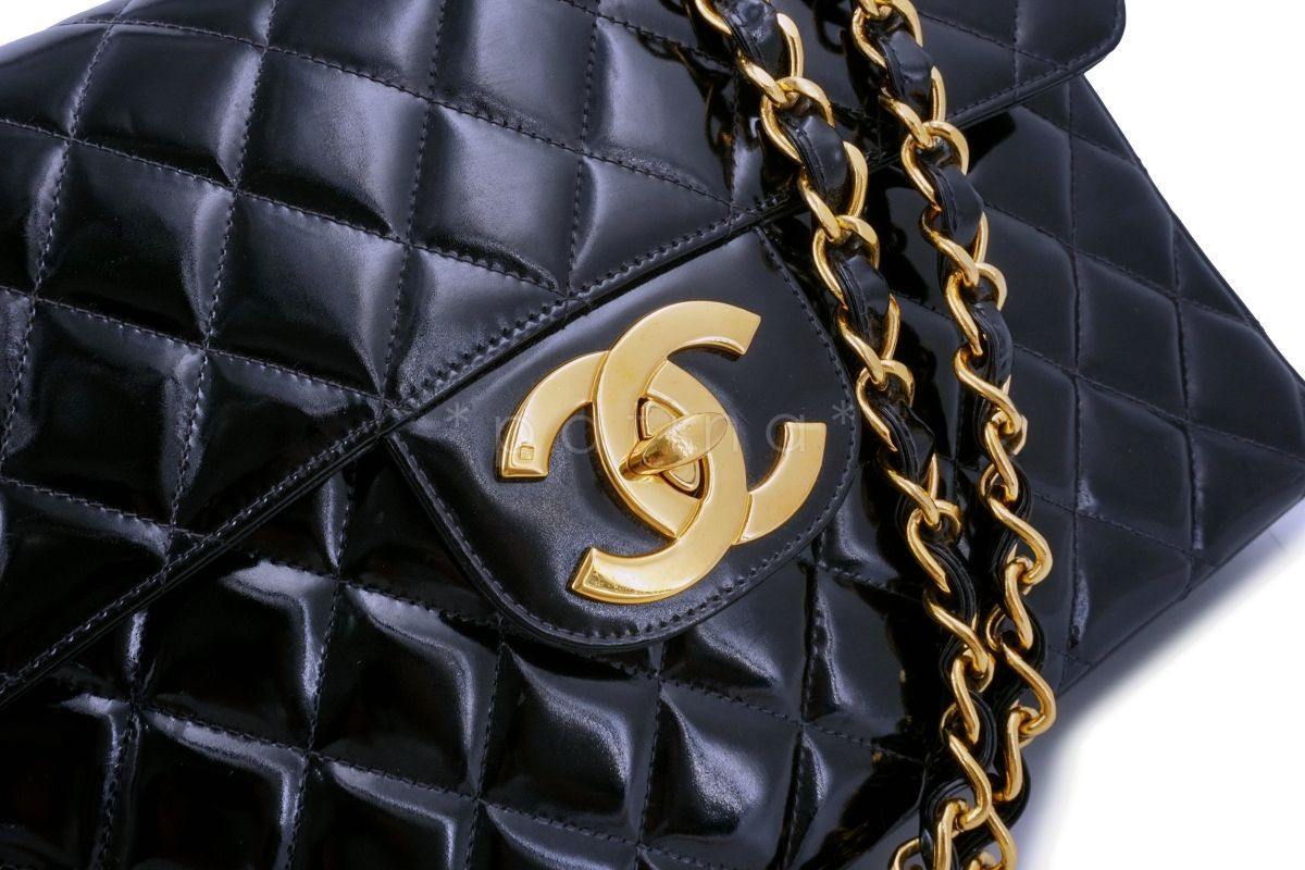 Chanel Vintage Black Patent Jumbo Classic Flap Bag 24k GHW - Image 8