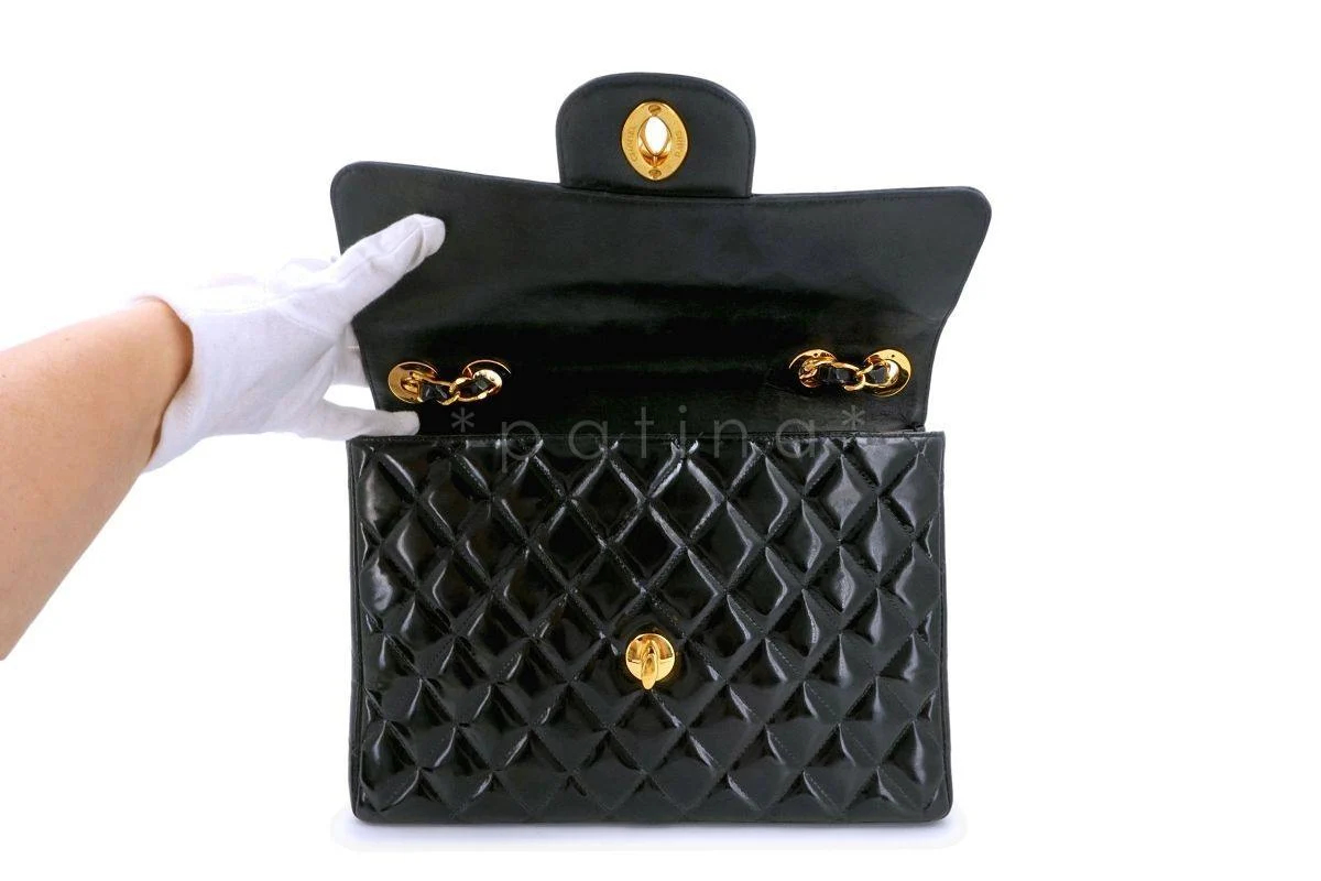 Chanel Vintage Black Patent Jumbo Classic Flap Bag 24k GHW - Image 9