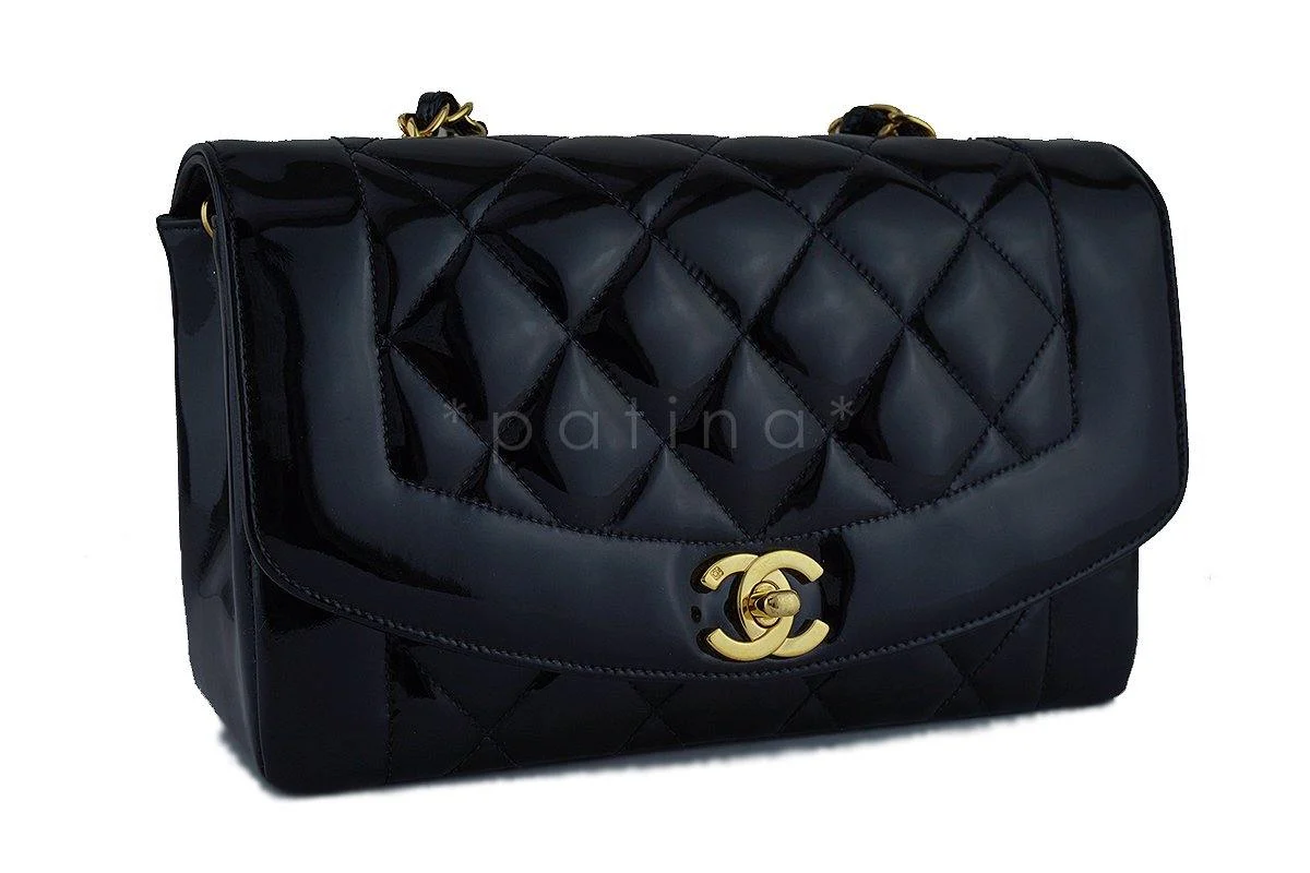Chanel Vintage Black Patent Quilted Classic "Diana" Shoulder Flap Bag 24k gold plated - Image 3