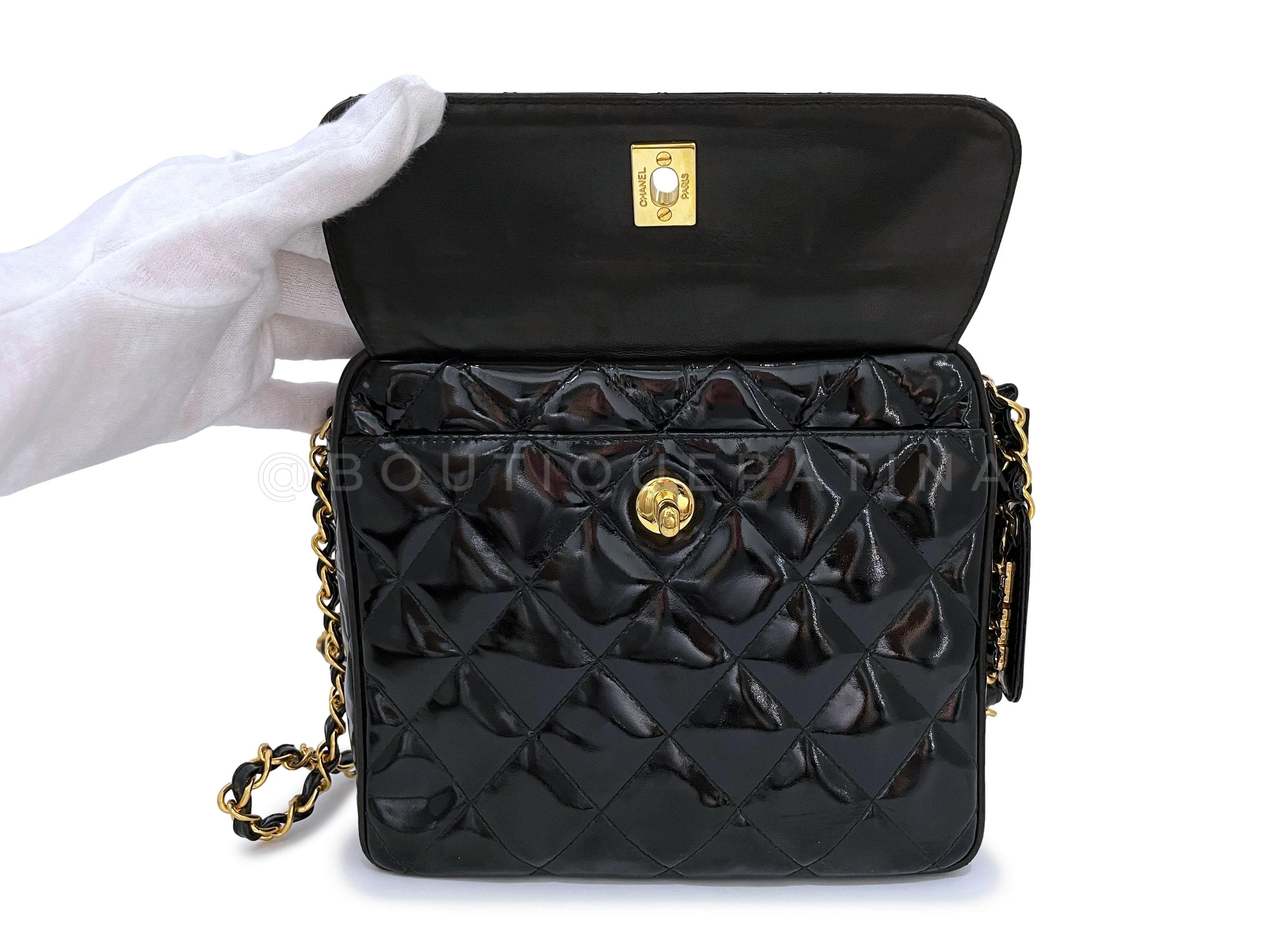 Chanel Vintage Black Patent Small Flap Camera Case Bag 24k GHW - Image 9