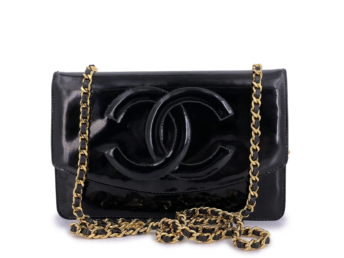 Chanel Vintage Black Patent Timeless Wallet on Chain WOC 24k GHW