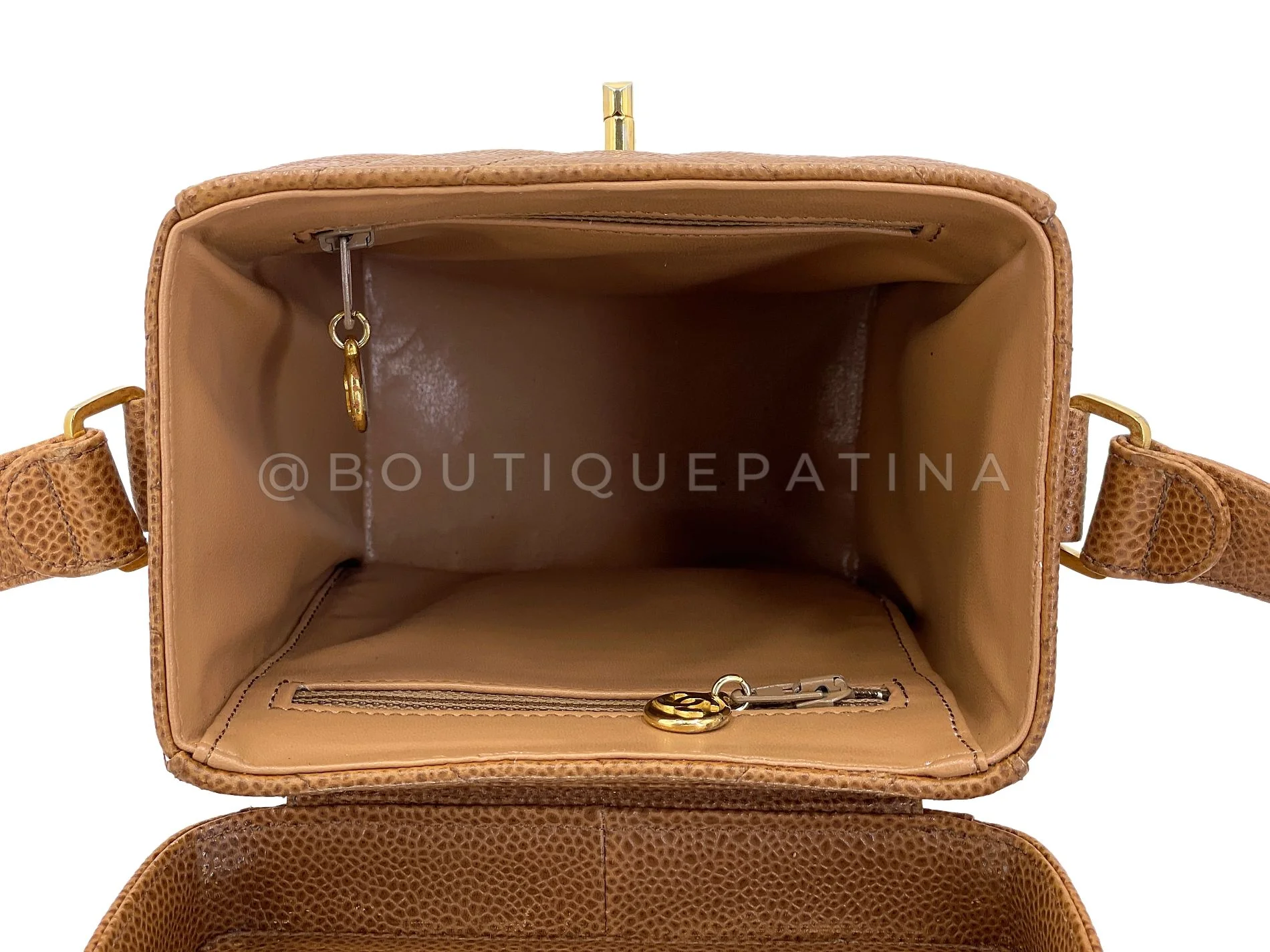 Chanel Vintage Caviar Caramel Brown Chevron Encircled CC N/S Vanity Case Bag MSC - Image 12