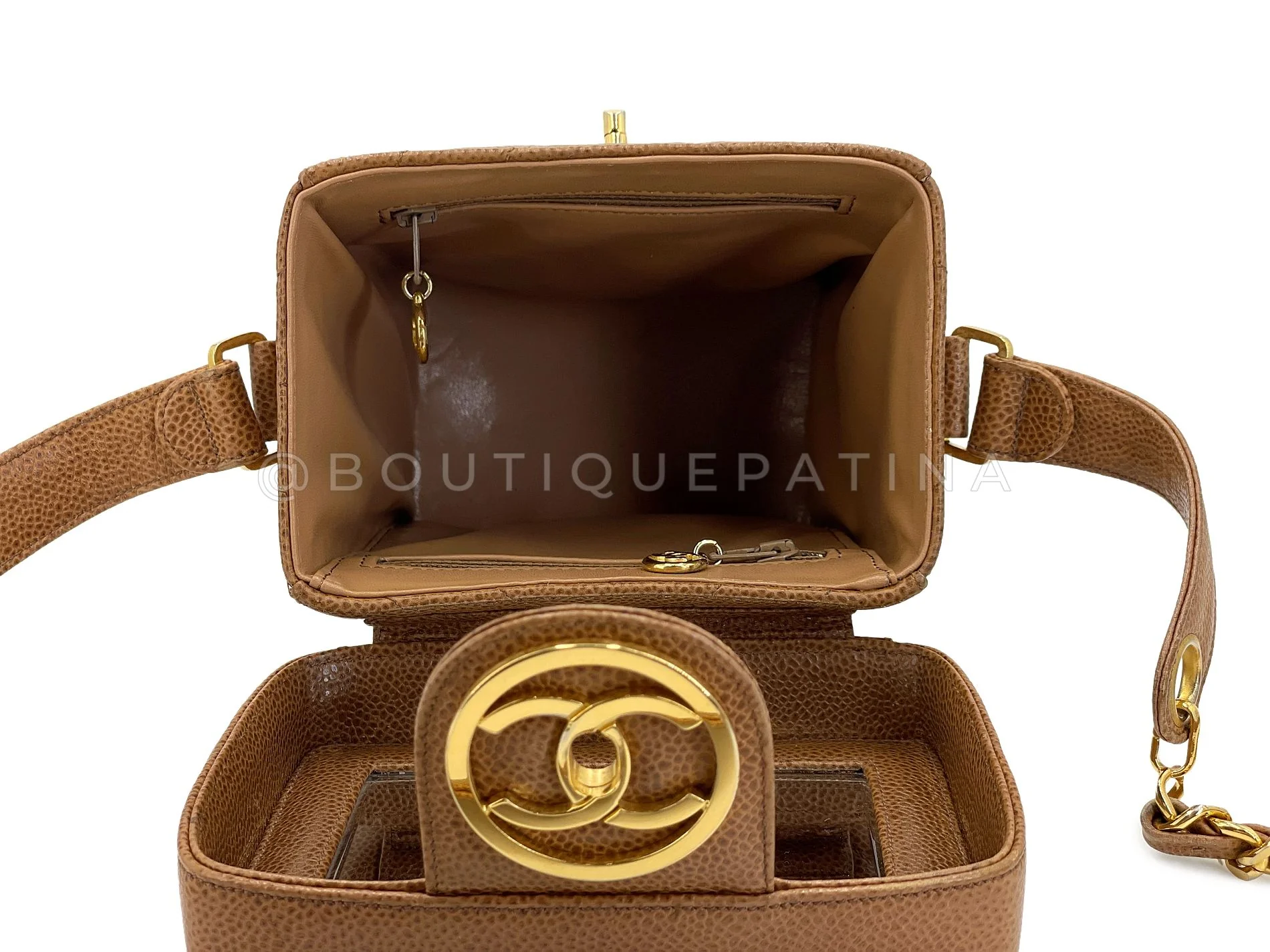 Chanel Vintage Caviar Caramel Brown Chevron Encircled CC N/S Vanity Case Bag MSC - Image 13