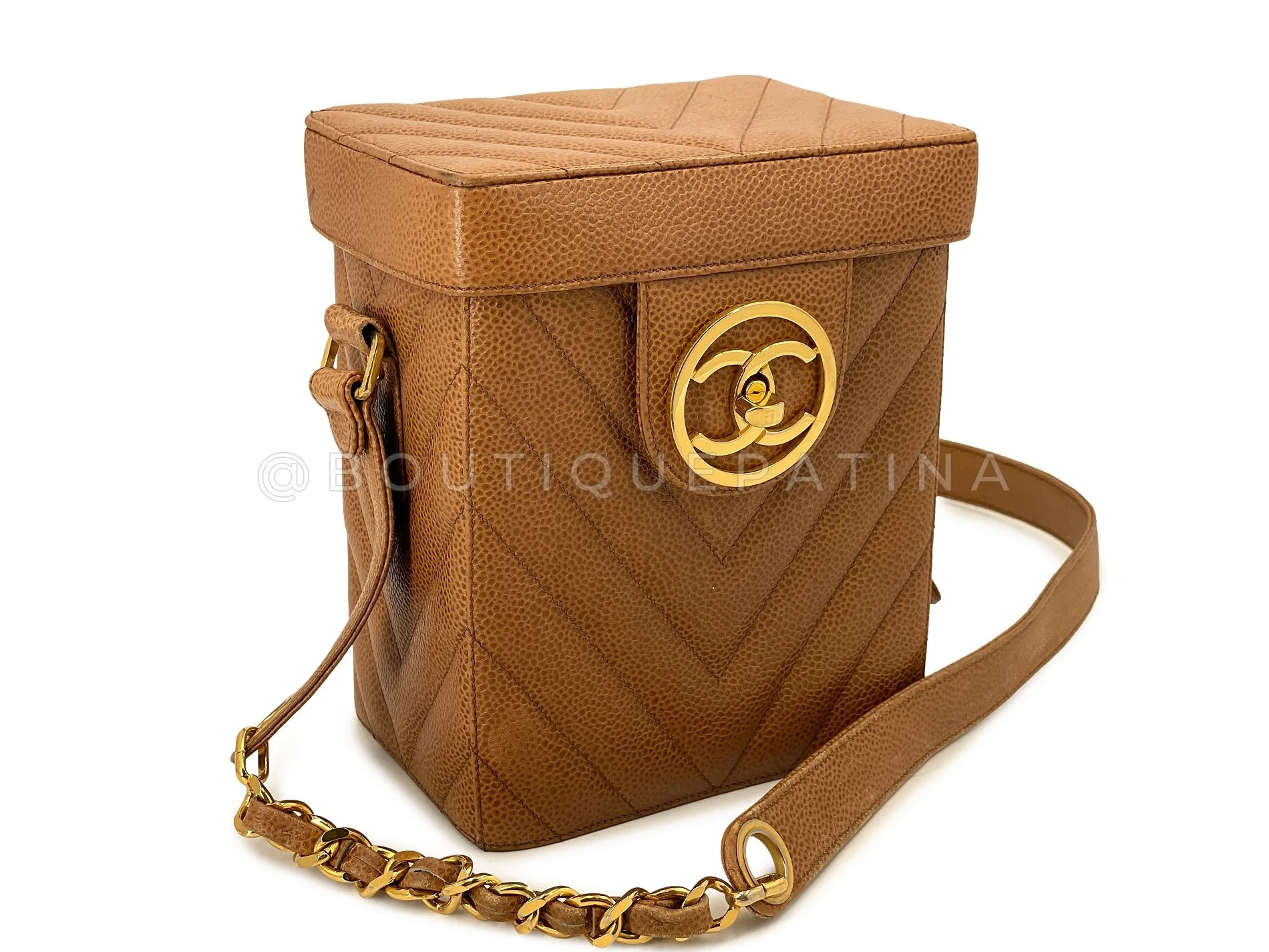 Chanel Vintage Caviar Caramel Brown Chevron Encircled CC N/S Vanity Case Bag MSC - Image 2
