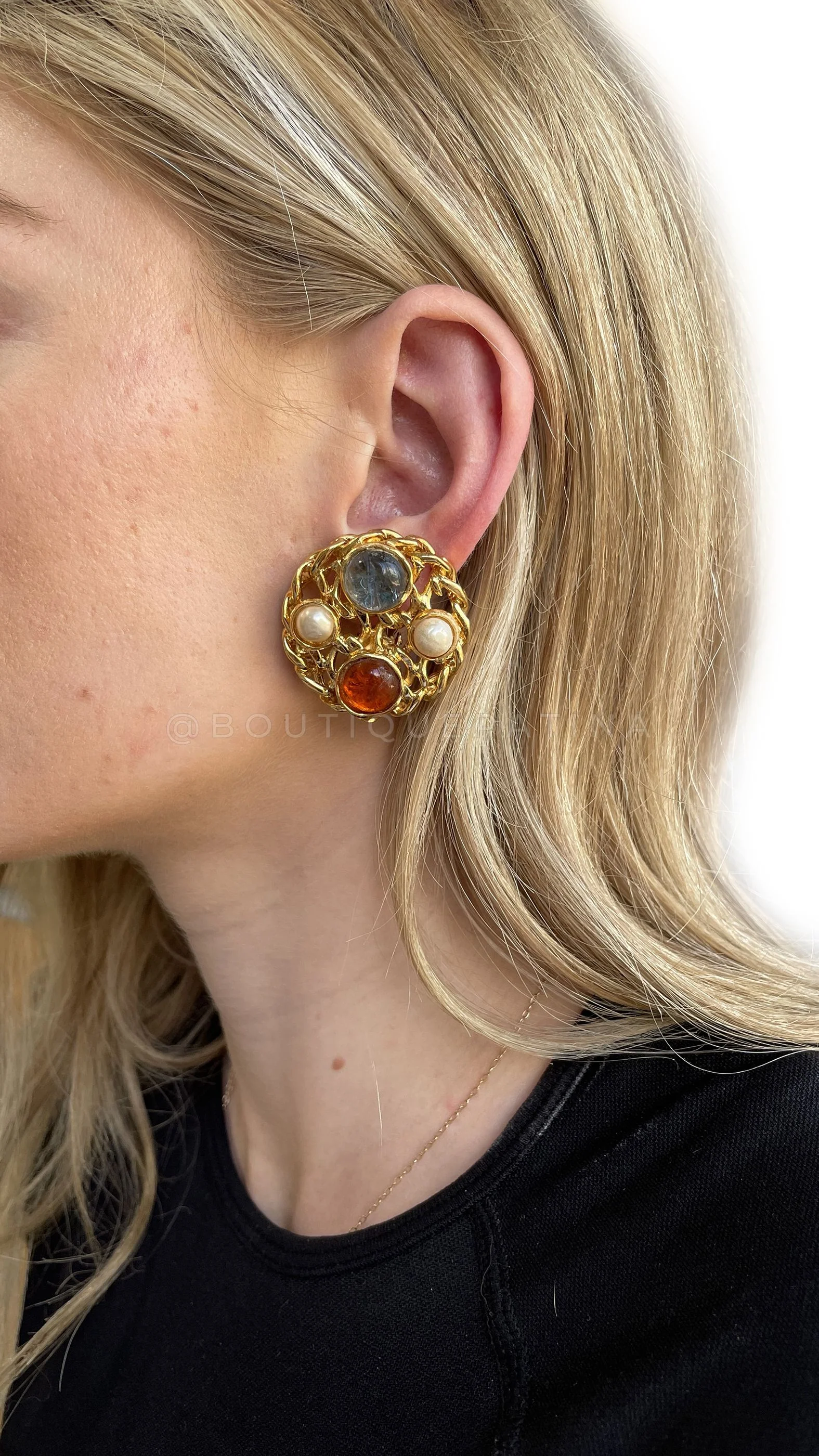 Chanel Vintage Gripoix and Pearl Studded Large Chain Wafer Earrings 1980s - Image 4