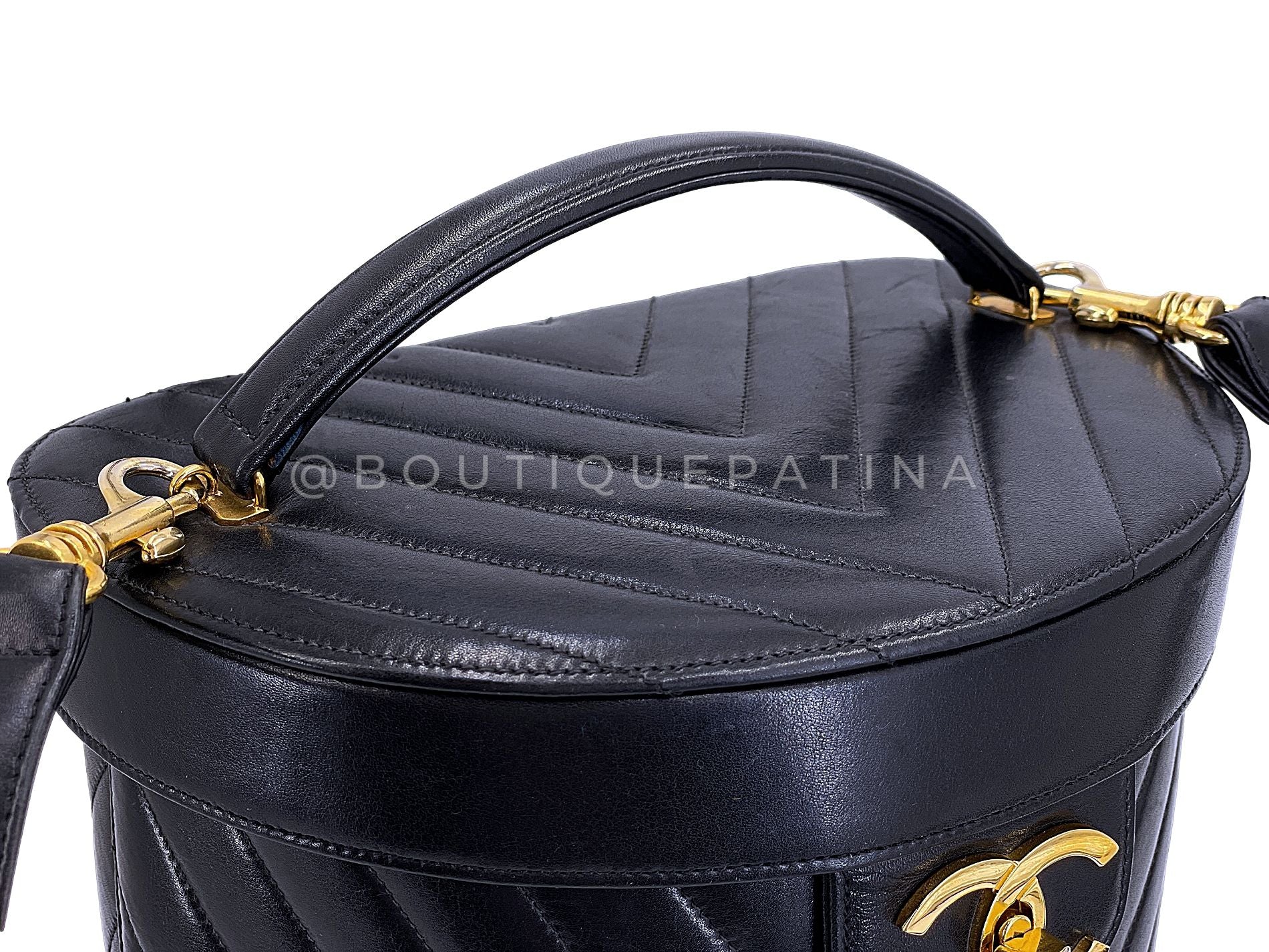 Chanel Vintage Lambskin Chevron Round Vanity Case Bag 24k GHW TT1 - Image 6