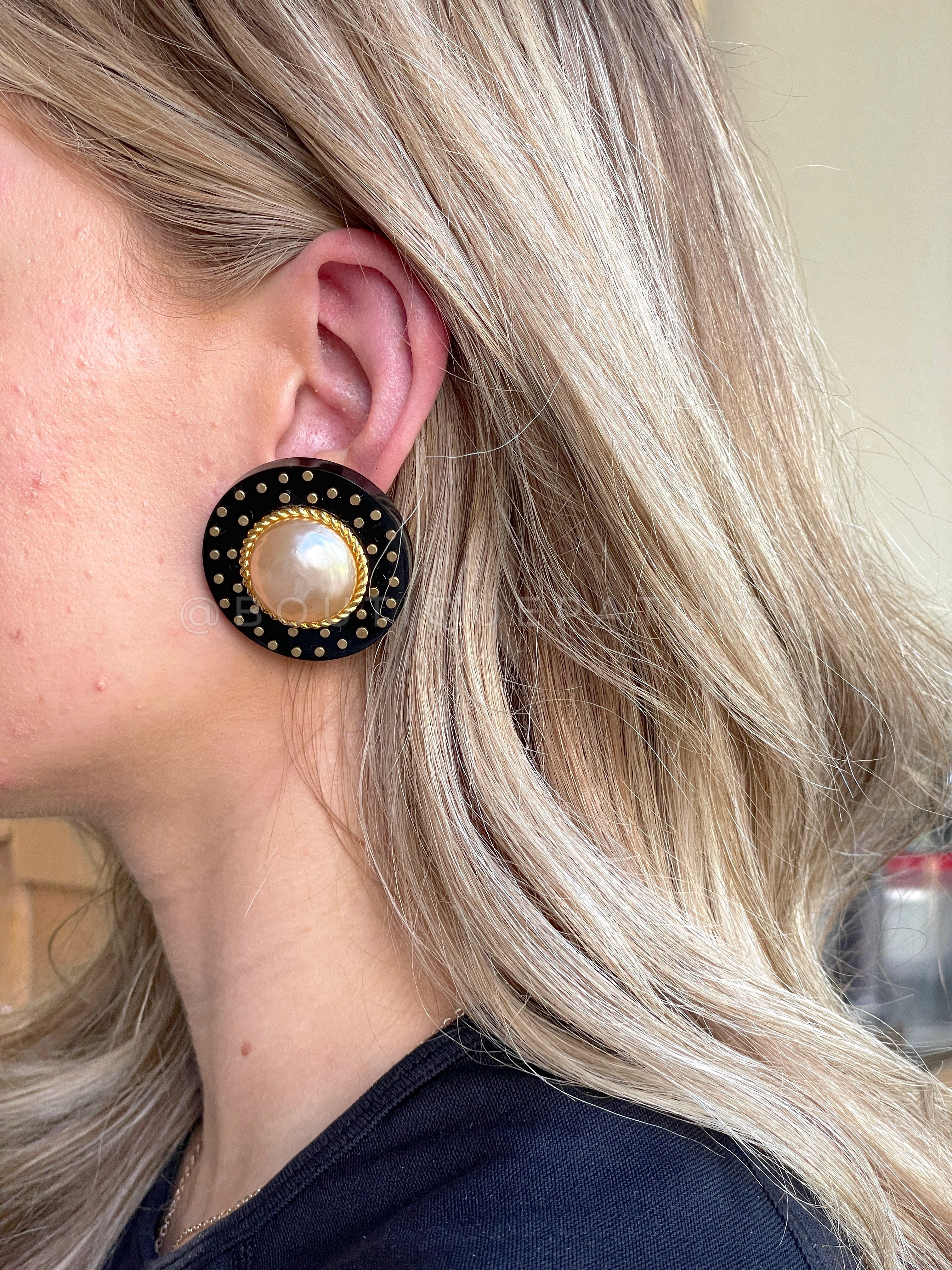 Chanel Vintage Large Pearl Black Studded Frame Giant Stud Earrings Collection 26 - Image 4