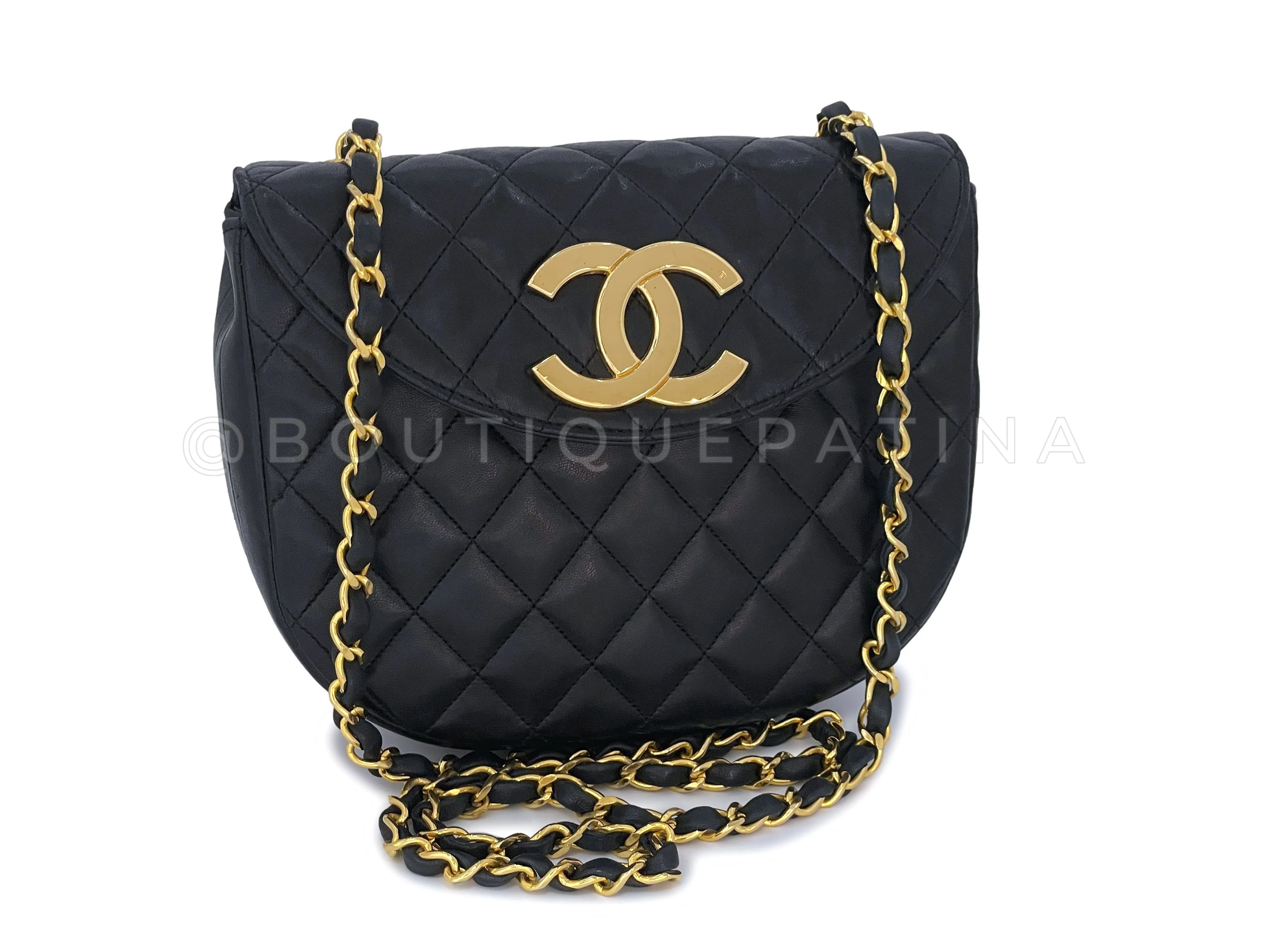 Chanel Vintage Late 80s Black Round Half Moon Flap Bag 24k GHW Lambskin HWA - Image 2
