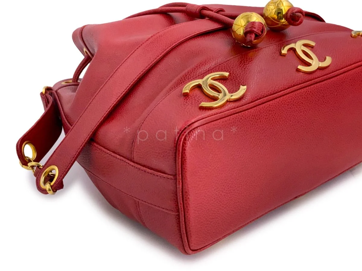 Chanel Vintage Red Caviar Drawstring Bucket Tote Bag 24k GHW - Image 6