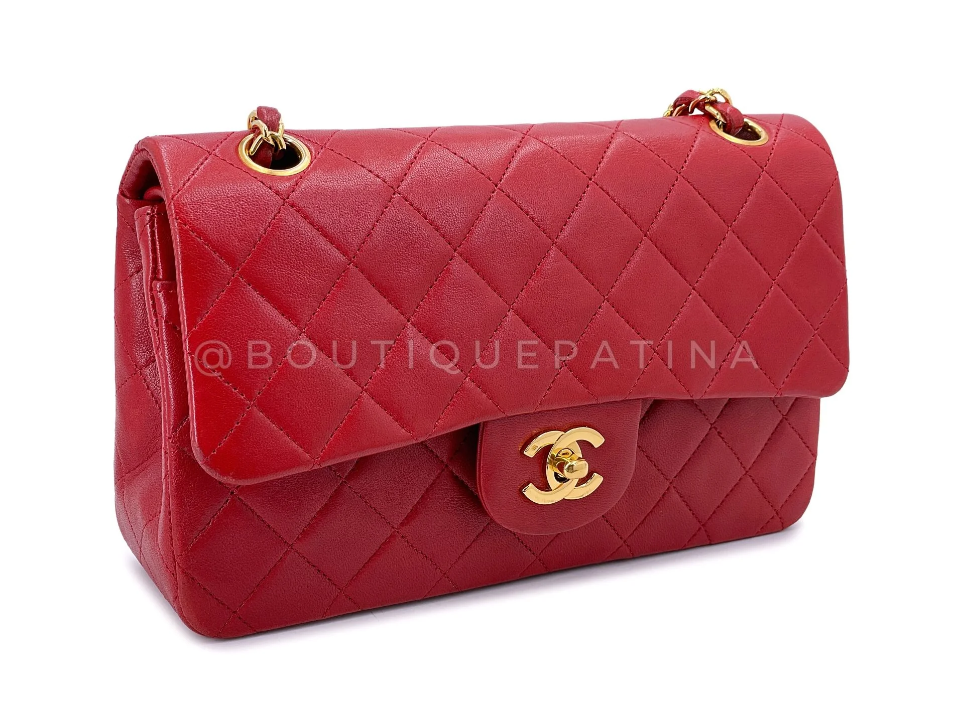 Chanel Vintage Red Small Classic Flap Bag 24k GHW Lambskin Double 1988 2KW - Image 3