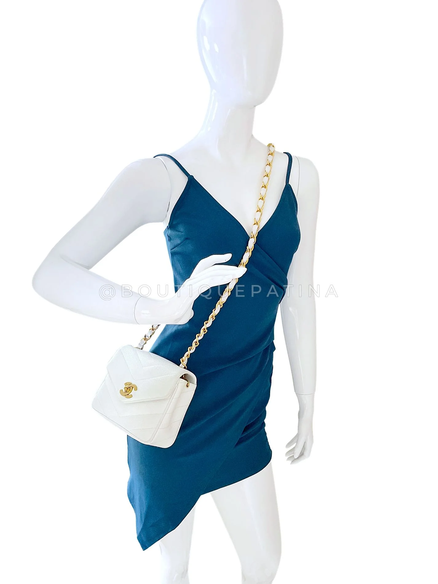 Chanel Vintage White Caviar Mini Flap Bag Chevron 24k GHW 2SG - Image 14