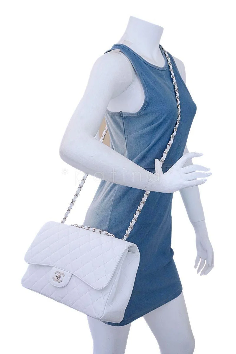 Chanel White Caviar Jumbo Classic Flap Bag SHW - Image 15