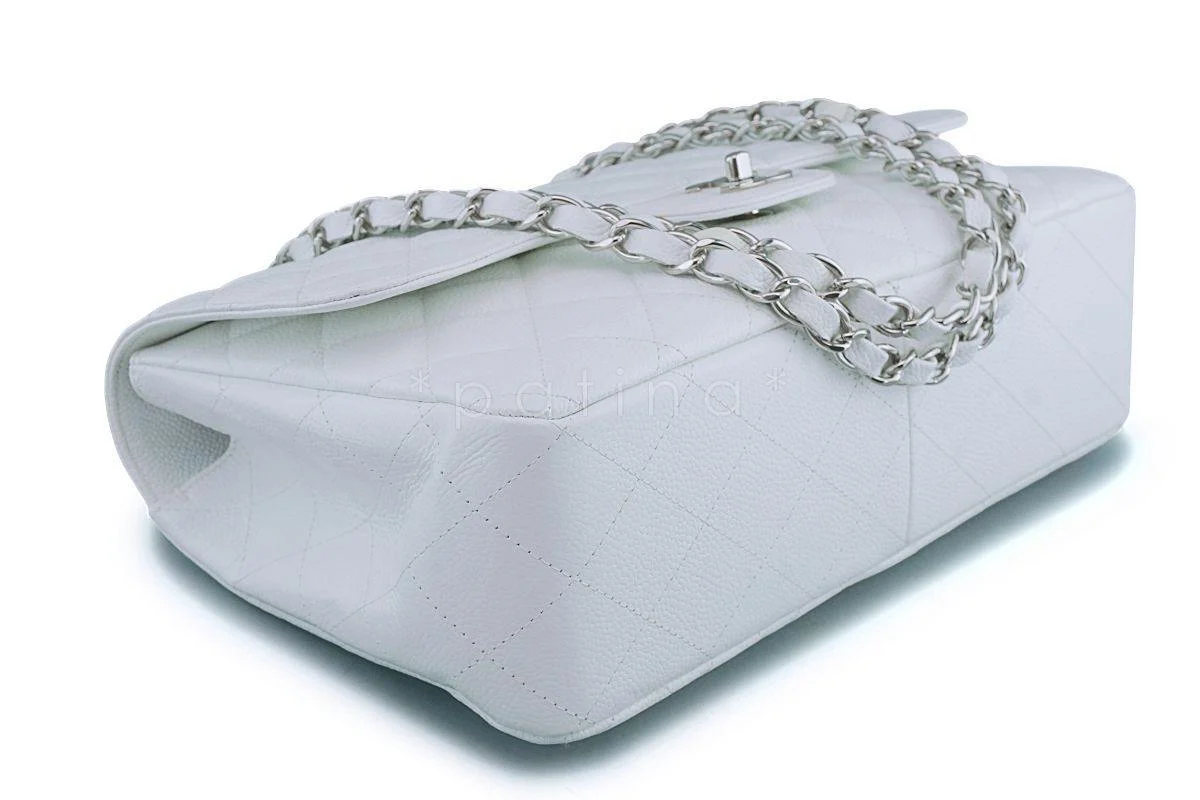Chanel White Caviar Jumbo Classic Flap Bag SHW - Image 7