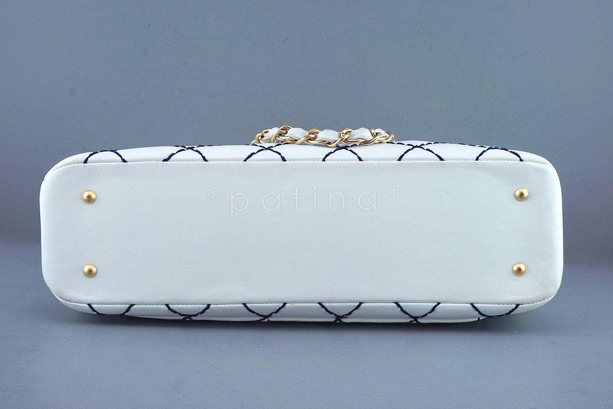 Chanel White Classic Contrast Navy Stitch Quilted Shopper Tote Bag I1K - Image 6