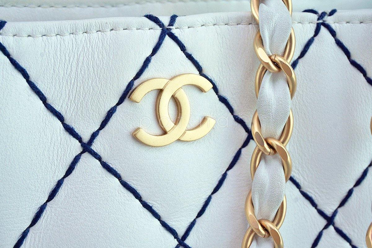 Chanel White Classic Contrast Navy Stitch Quilted Shopper Tote Bag I1K - Image 8