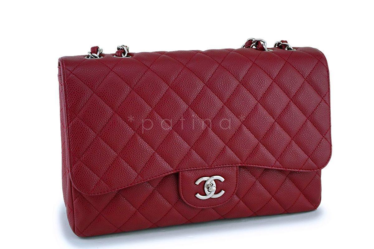 Exc Rare 09A Chanel Red Caviar Jumbo Classic Flap Bag SHW - Image 3