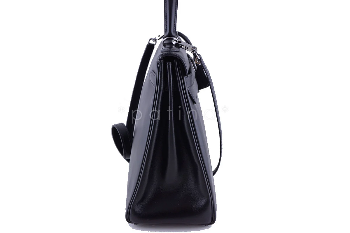 Hermes Black 32cm Box calf Kelly Retourne Bag, Ruthenium HW Rare - Image 3