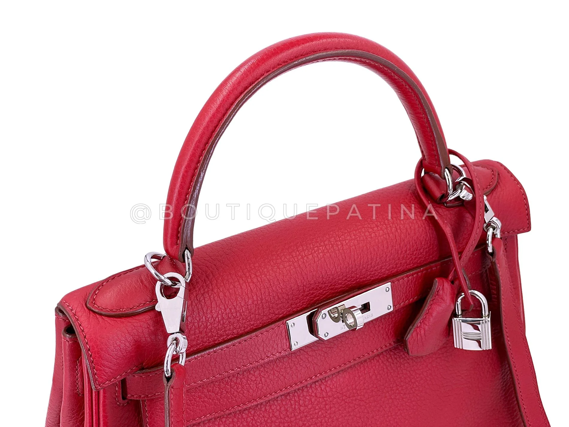 Hermes Red Rouge Garance 28cm Kelly Bag Clemence PHW 296 - Image 12