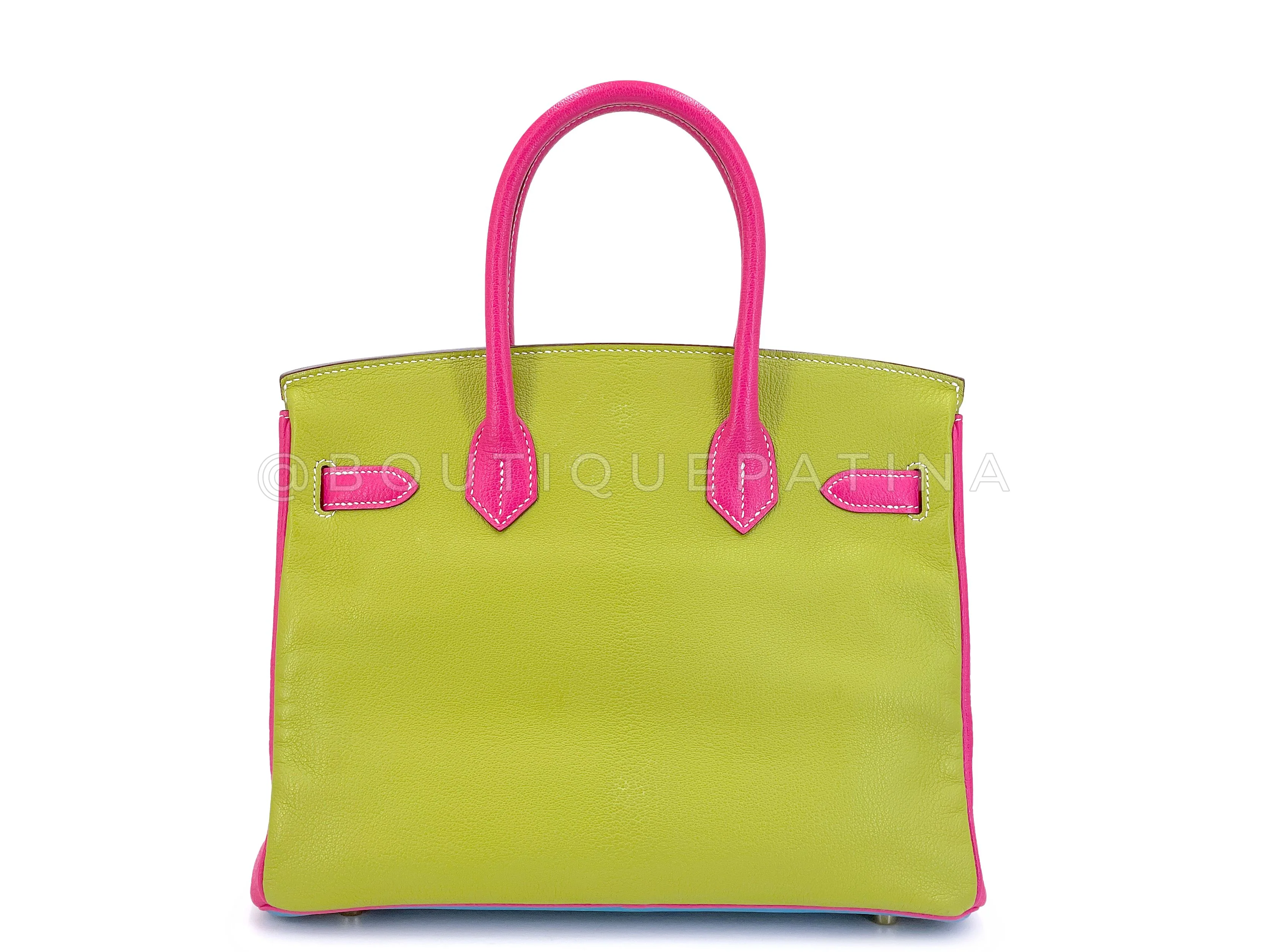 Hermès Special Order Chèvre 30cm Birkin Brushed Gold HW Pink Green Blue Bag D6T - Image 4