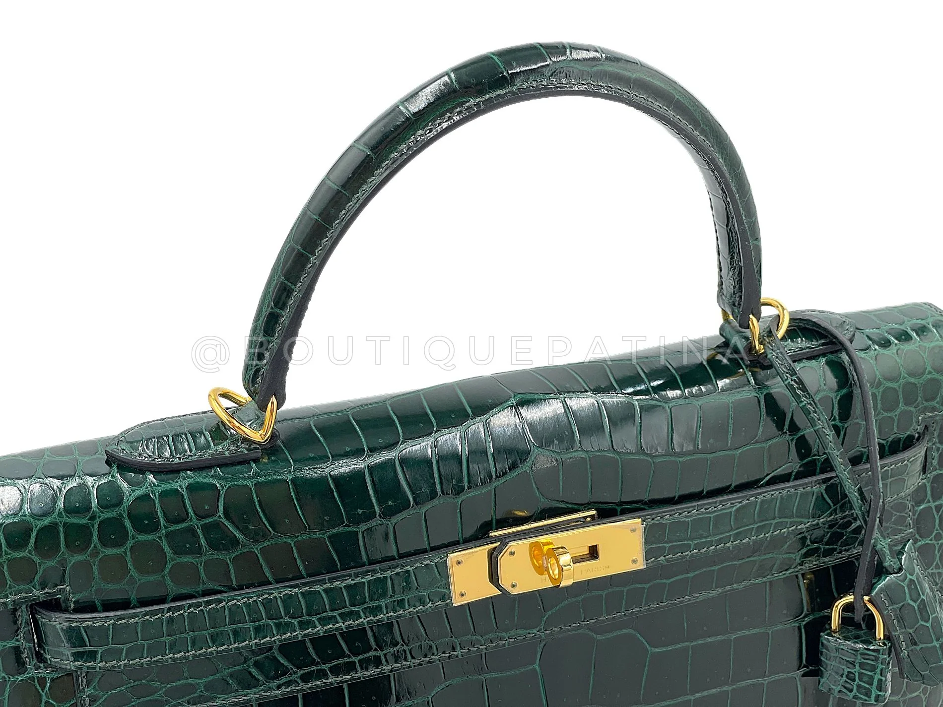 Hermès Vert Cypress Shiny Porosus Crocodile Kelly Bag Sellier 35cm 24k GHW Dark Green XYJ - Image 12