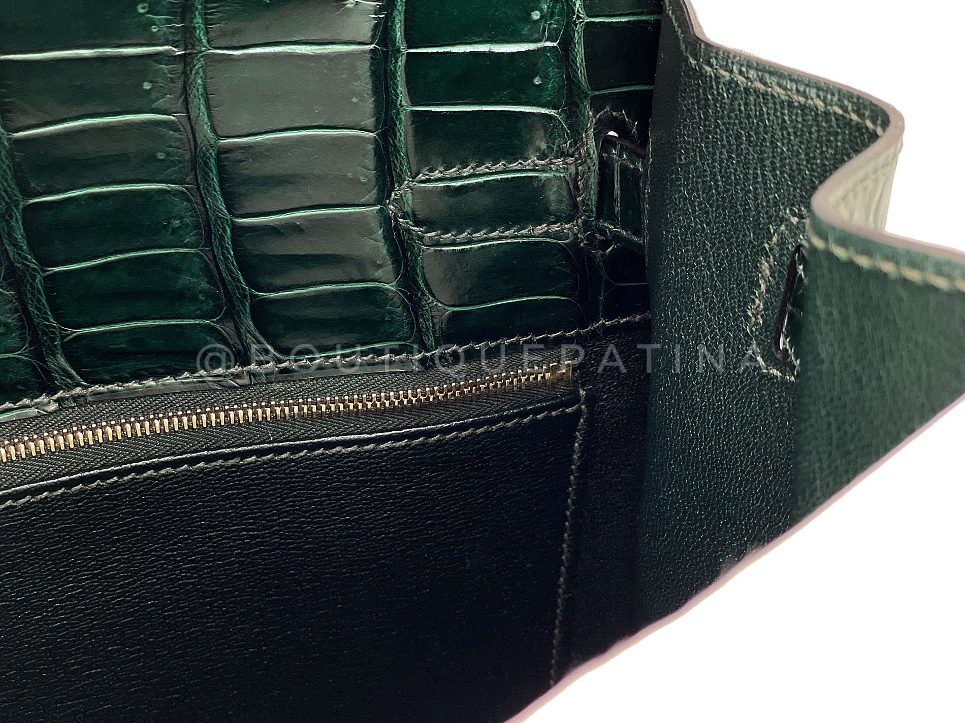 Hermès Vert Cypress Shiny Porosus Crocodile Kelly Bag Sellier 35cm 24k GHW Dark Green XYJ - Image 17