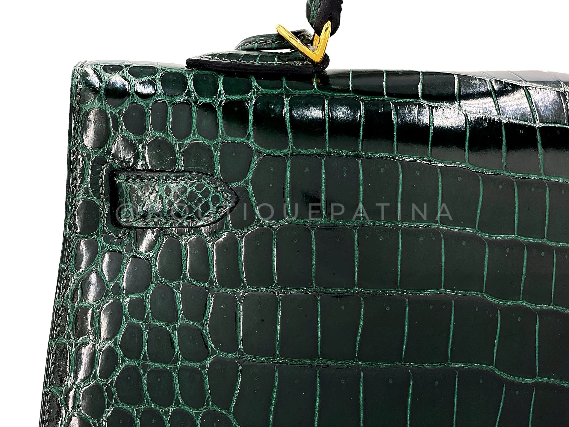 Hermès Vert Cypress Shiny Porosus Crocodile Kelly Bag Sellier 35cm 24k GHW Dark Green XYJ - Image 5