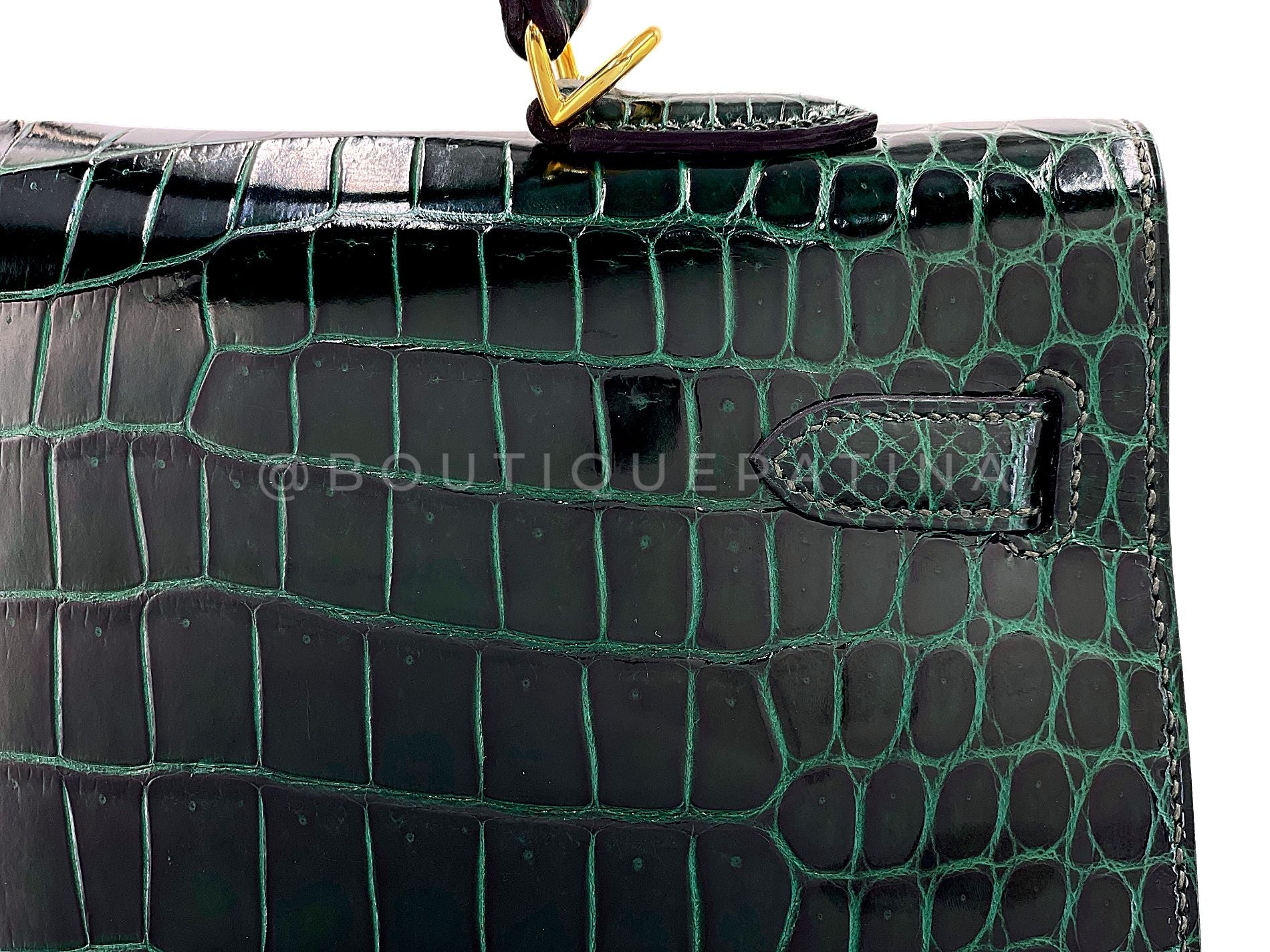 Hermès Vert Cypress Shiny Porosus Crocodile Kelly Bag Sellier 35cm 24k GHW Dark Green XYJ - Image 6