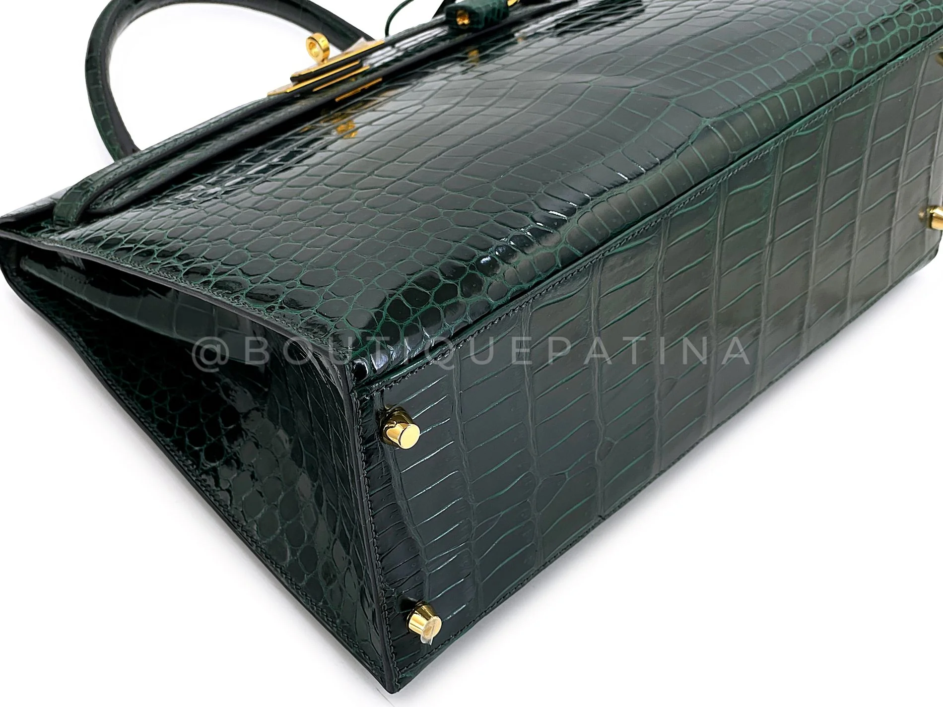 Hermès Vert Cypress Shiny Porosus Crocodile Kelly Bag Sellier 35cm 24k GHW Dark Green XYJ - Image 8