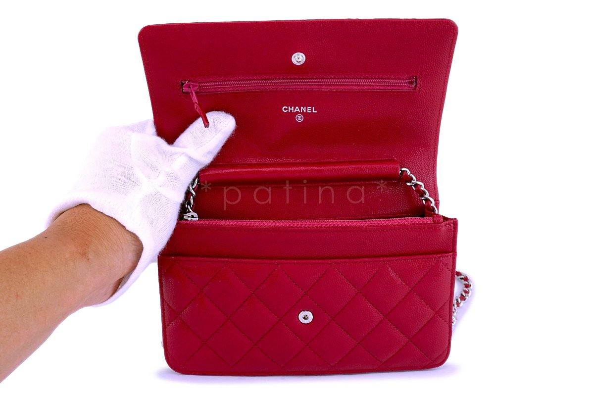 New 18B Chanel Red-Pink Caviar Classic Wallet on Chain WOC Flap Bag - Image 9