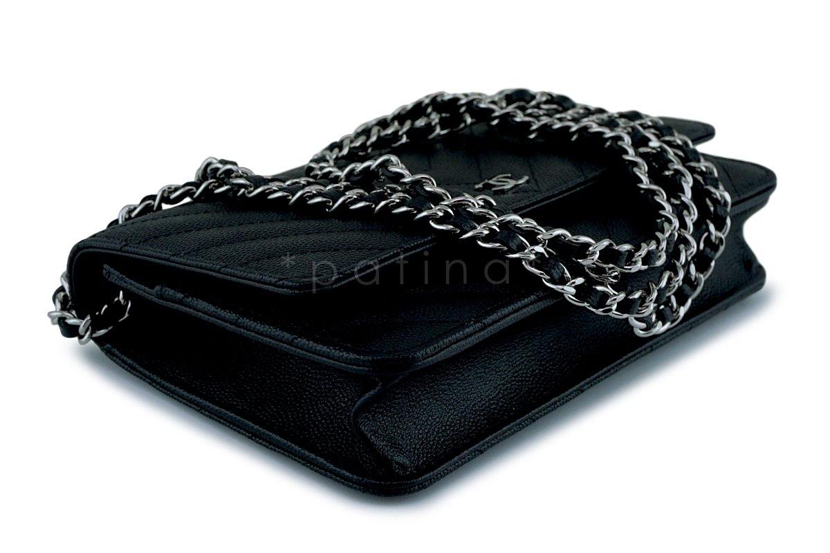New Chanel Black Caviar Classic Chevron Quilted WOC Wallet on Chain Flap Bag SHW - Image 7