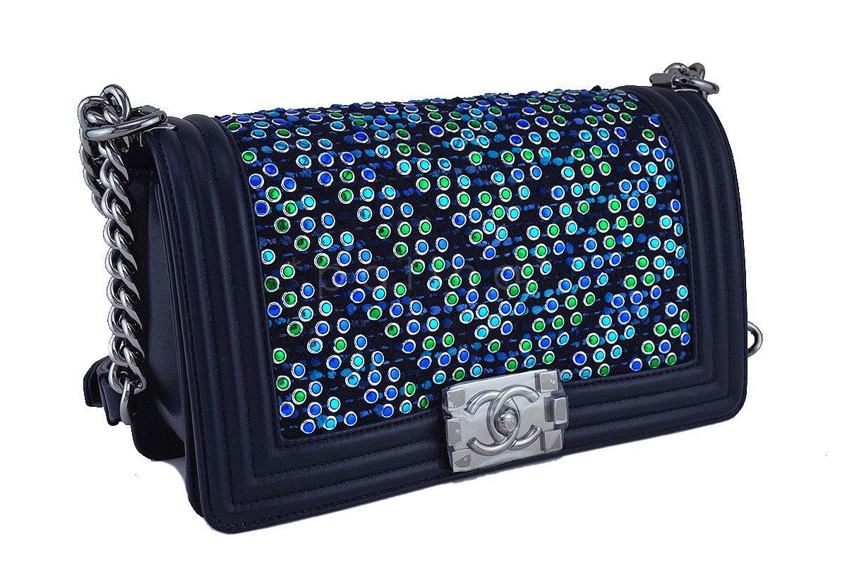 NIB 17S Chanel Rare Jeweled Tweed Lambskin Navy Blue Medium Boy Flap Bag - Image 3