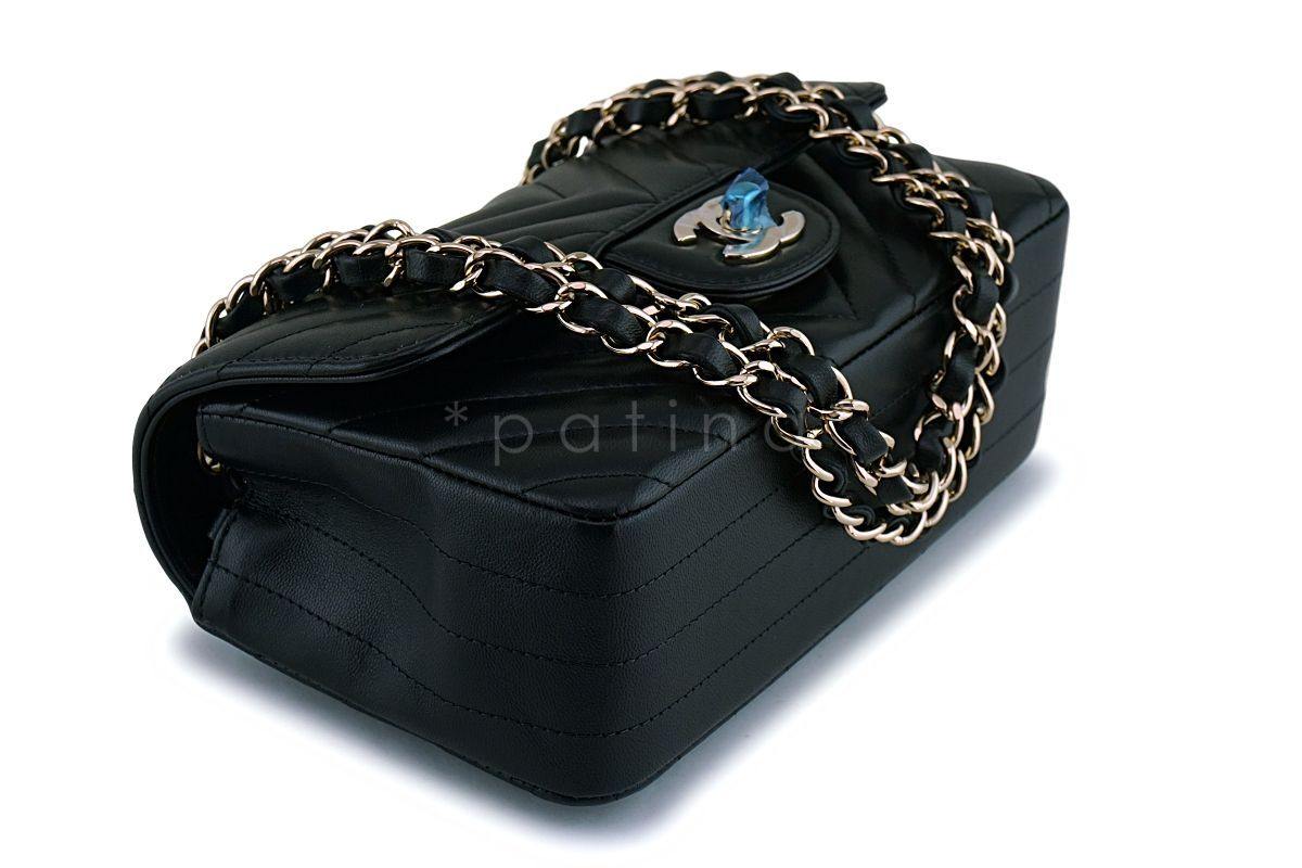 NIB 19C Chanel Black Lambskin Chevron Rectangular Classic Mini Flap Bag GHW - Image 7