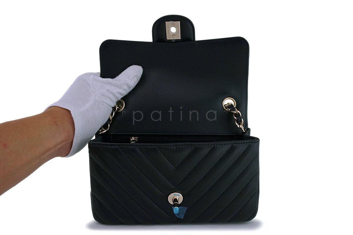 NIB 19C Chanel Black Lambskin Chevron Rectangular Classic Mini Flap Bag GHW - Image 9