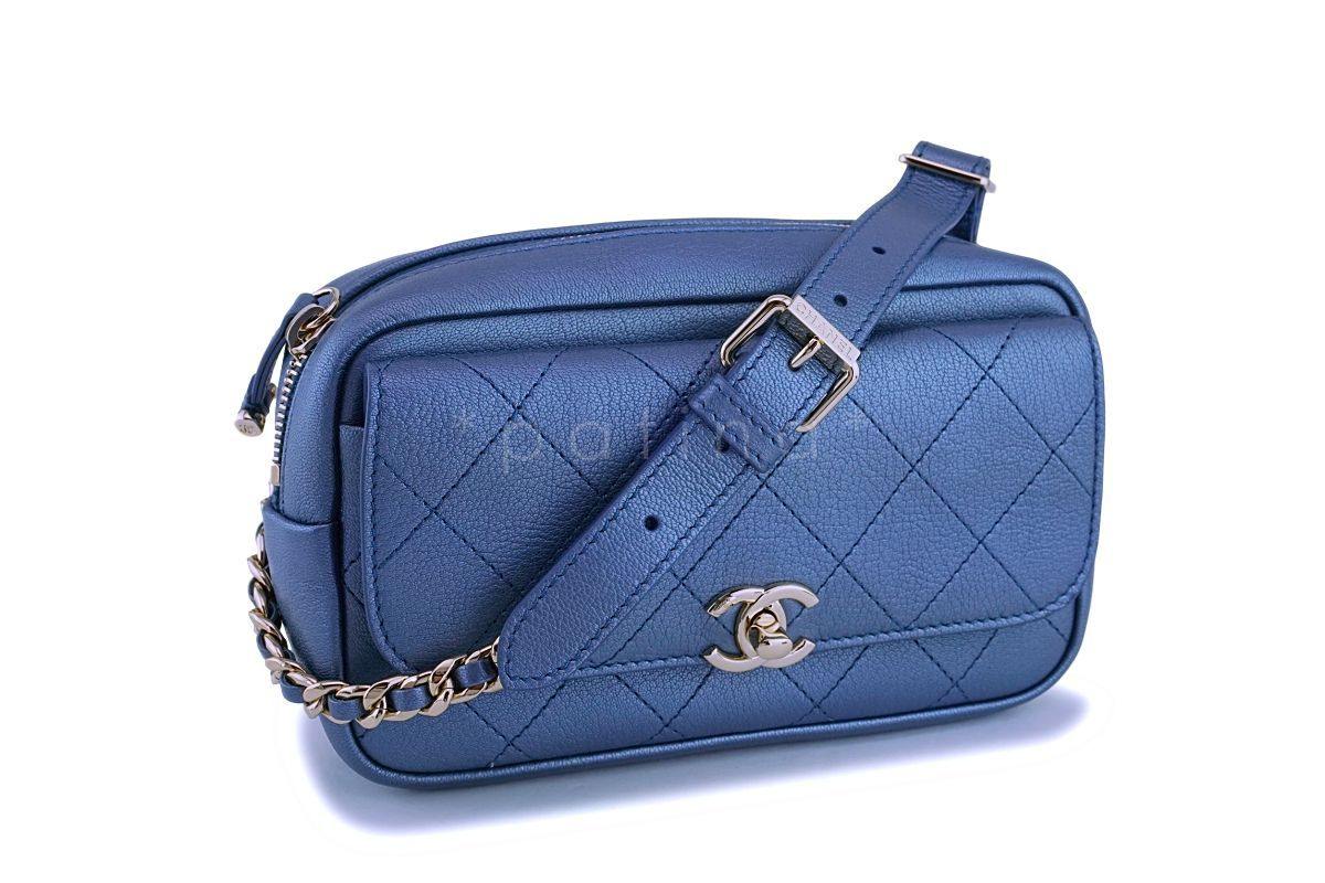 NIB 19C Chanel Pearly Iridescent Blue Waist Belt Bag Fanny Pack GHW - Image 2