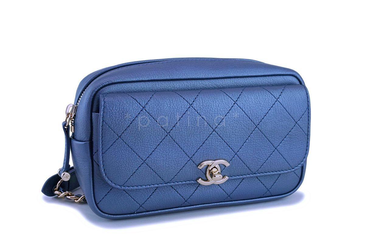 NIB 19C Chanel Pearly Iridescent Blue Waist Belt Bag Fanny Pack GHW - Image 3
