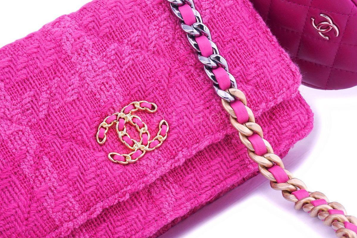 NIB 19K Chanel 19 Fuchsia Pink Tweed Wallet on Chain WOC Flap Bag - Image 6