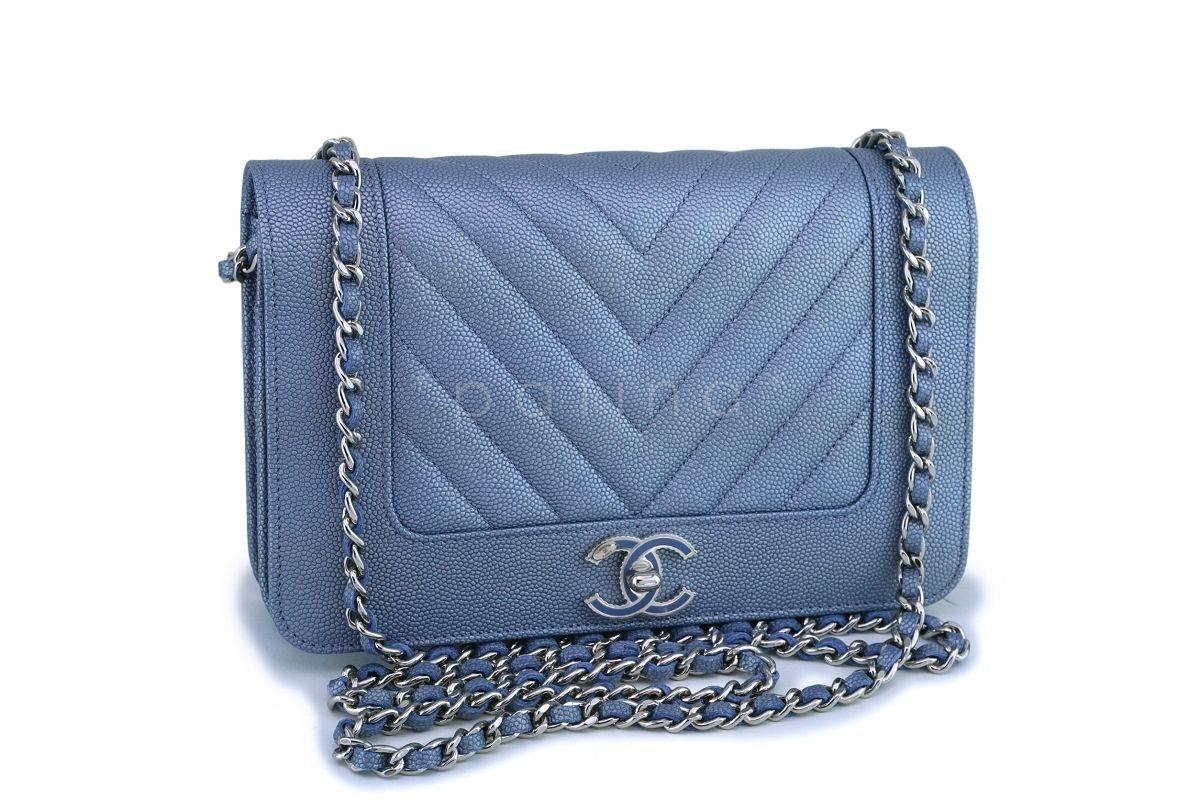 NIB 19P Chanel Iridescent Pearly Blue Caviar Mademoiselle Chevron Wallet on Chain WOC Bag - Image 2