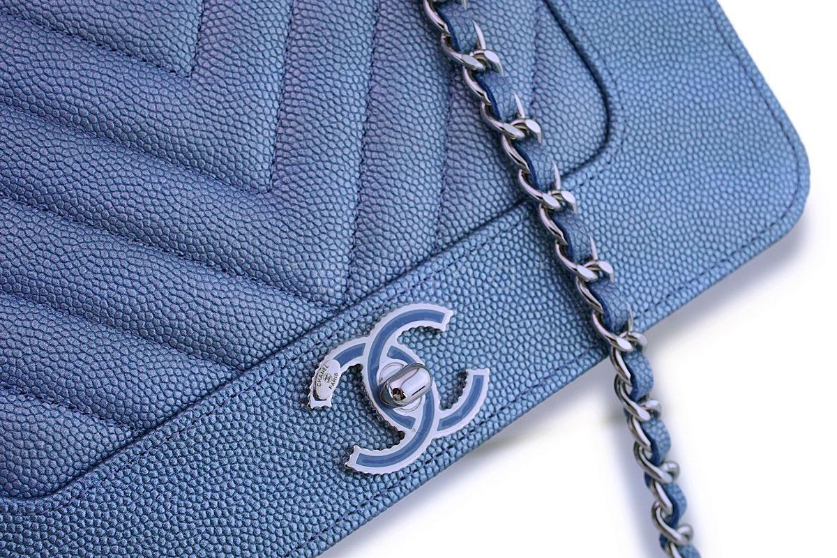 NIB 19P Chanel Pearly Blue Iridescent Chevron Wallet on Chain WOC Flap Bag - Image 7